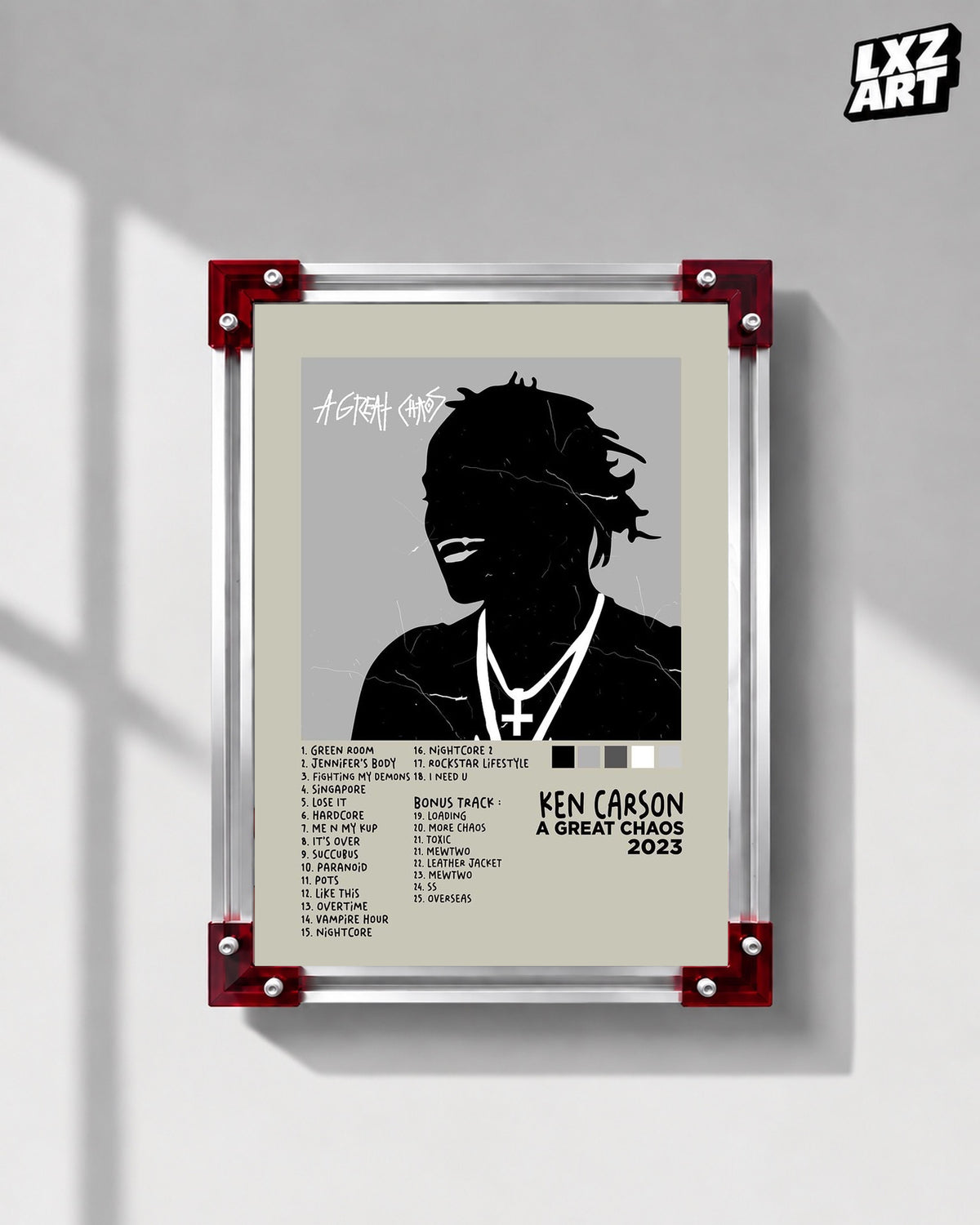 Ken Carson A Great Chaos Cream Illustrated Tracklist Poster | Unframed Wall Art — LXZART display 1; frame not included