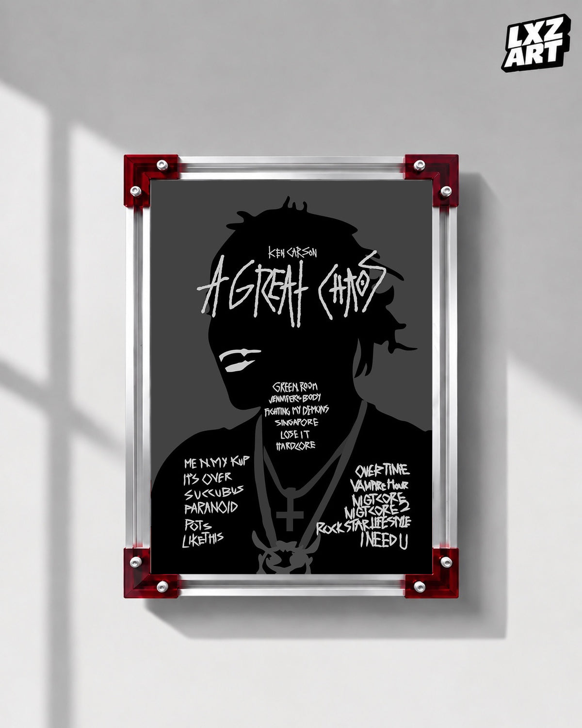 Ken Carson A Great Chaos Gray Handwritten Tracklist Poster | Unframed Wall Art — LXZART display 1; frame not included