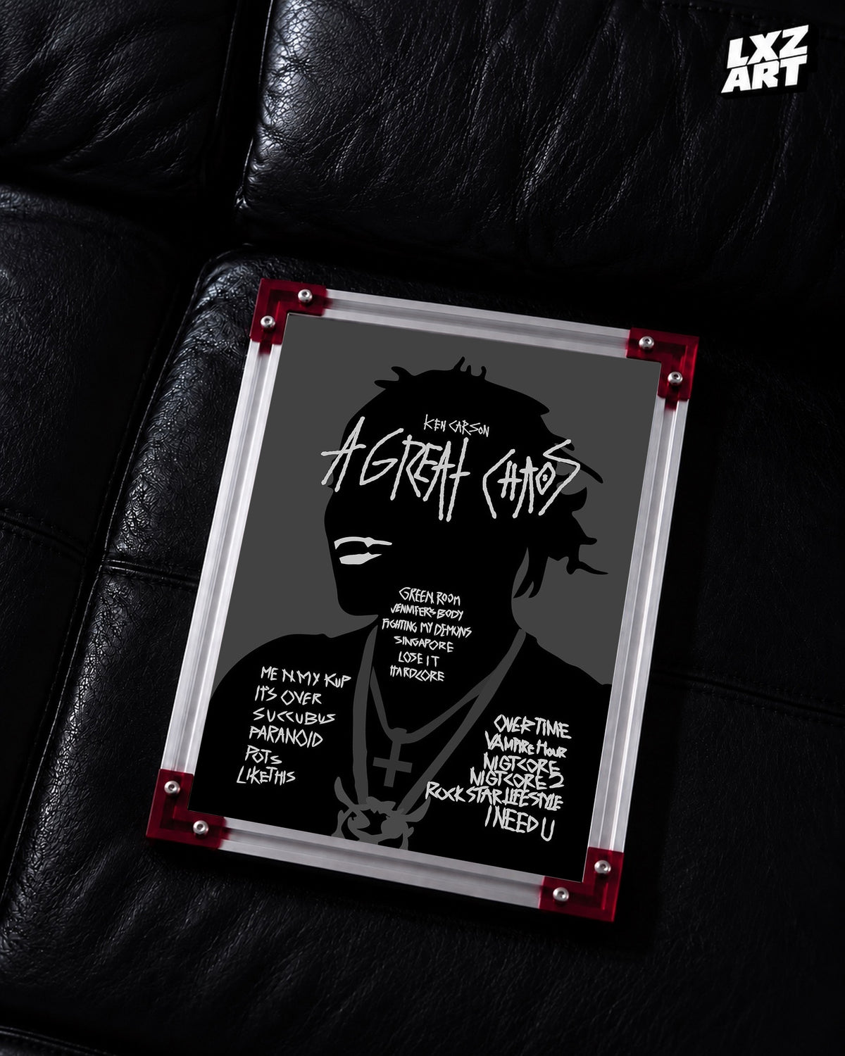 Ken Carson A Great Chaos Gray Handwritten Tracklist Poster | Unframed Wall Art — LXZART display 2; frame not included