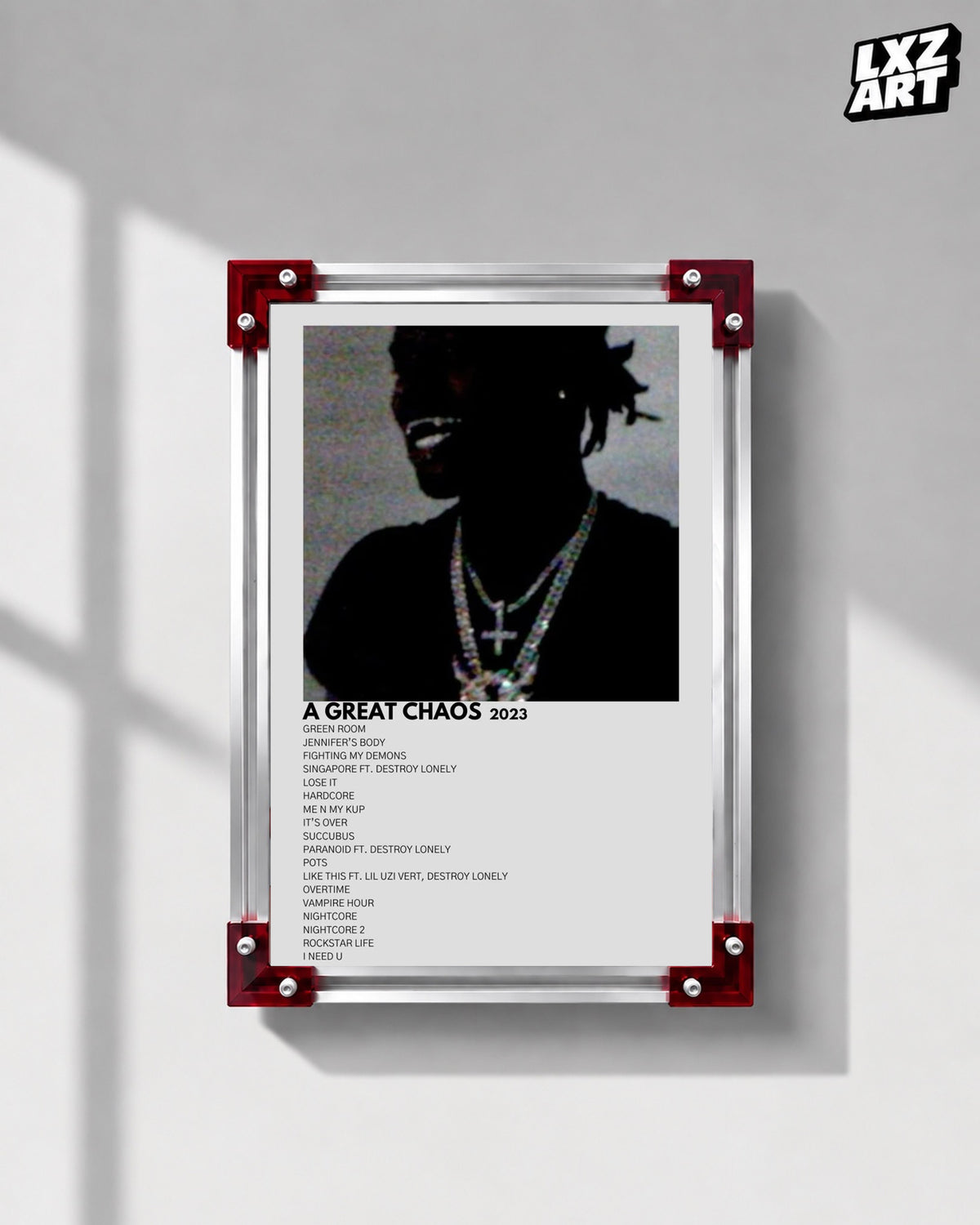 Ken Carson A Great Chaos Gray Minimal Tracklist Poster | Unframed Wall Art — LXZART display 1; frame not included