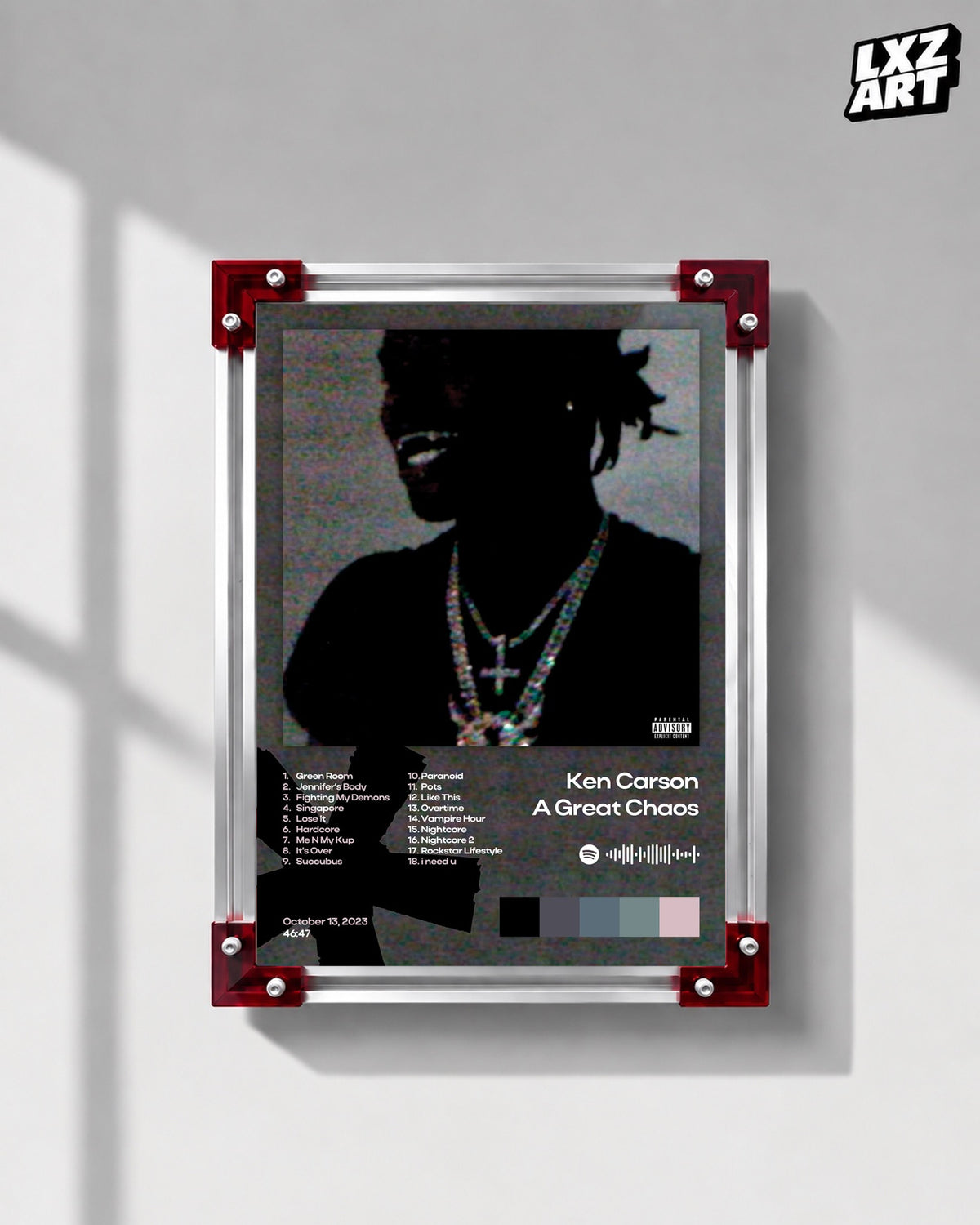 Ken Carson A Great Chaos Dark Color Palette Tracklist Poster | Unframed Wall Art — LXZART display 1; frame not included