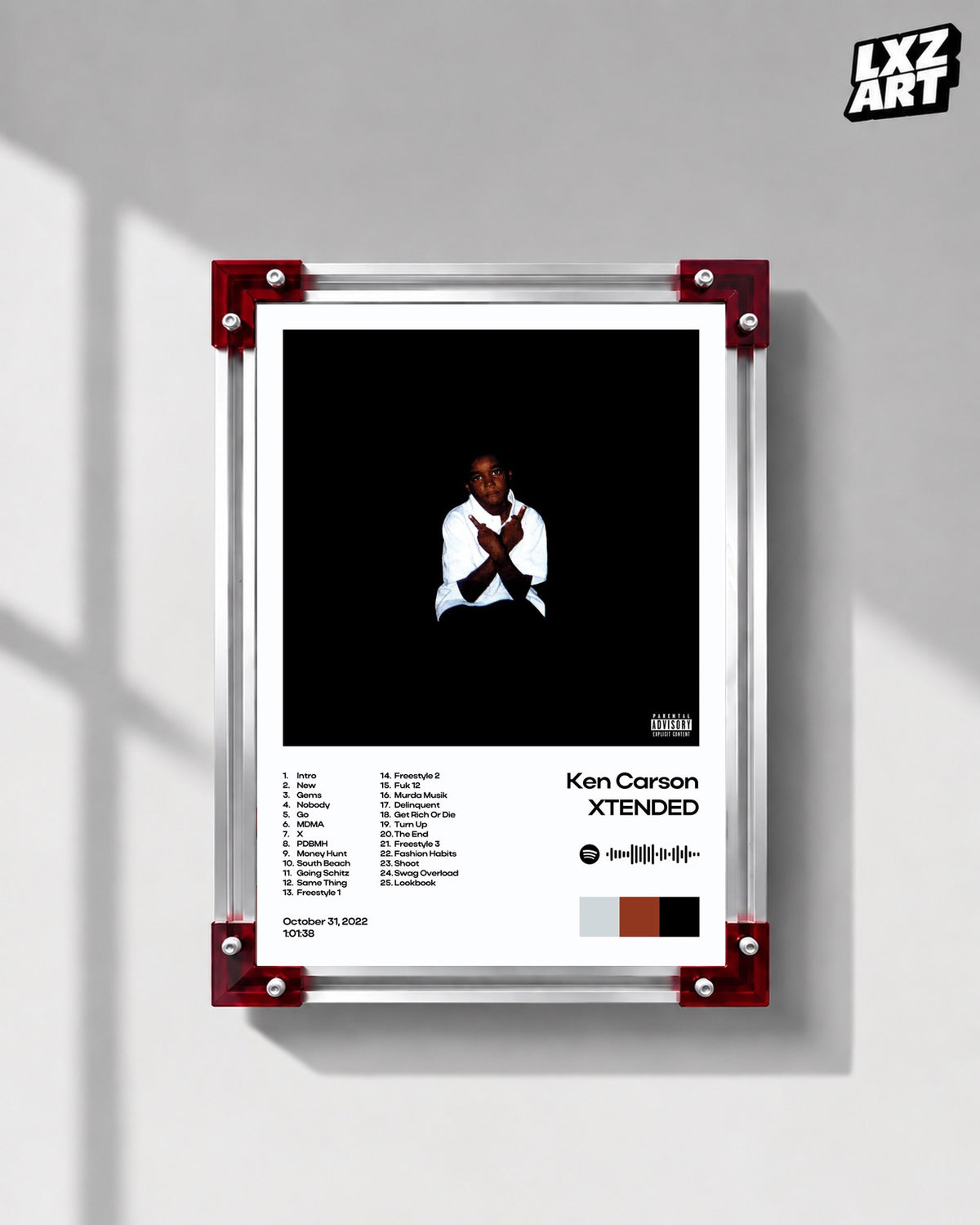 Ken Carson XTENDED White Minimal Tracklist Poster | Unframed Wall Art — LXZART display 1; frame not included