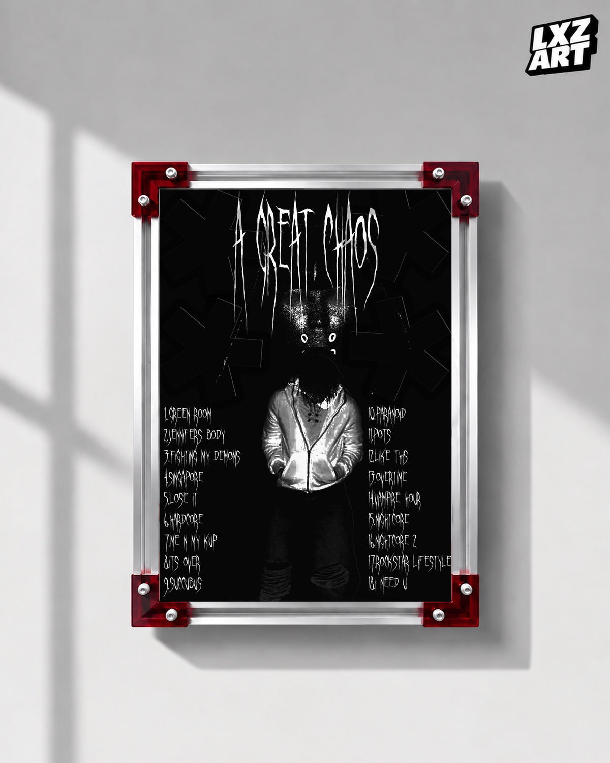 Ken Carson A Great Chaos Black Leather Portrait Tracklist Poster | Unframed Wall Art — LXZART display 1; frame not included