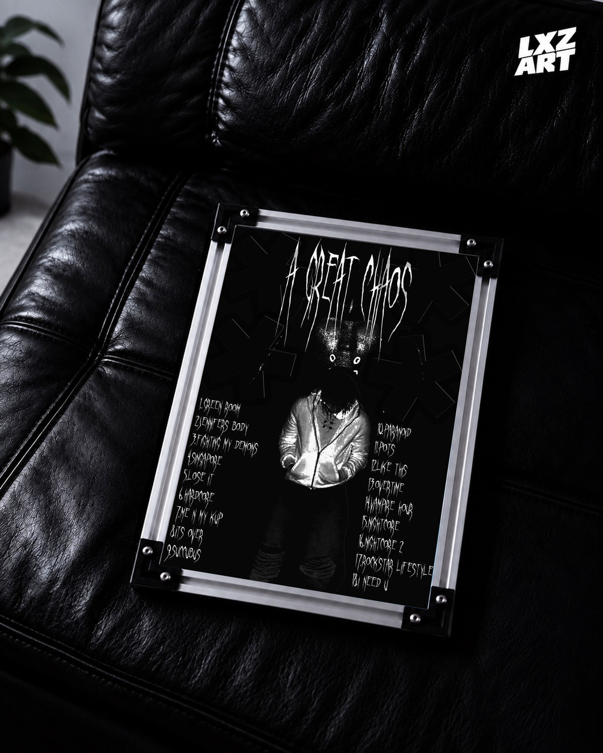 Ken Carson A Great Chaos Black Leather Portrait Tracklist Poster | Unframed Wall Art — LXZART display 2; frame not included
