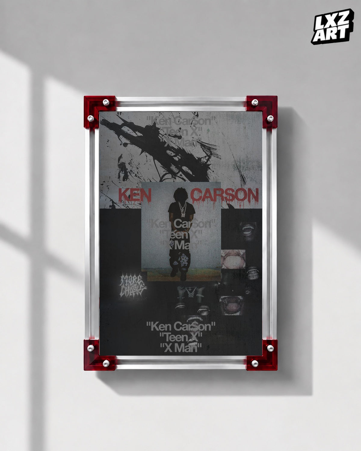 Ken Carson More Chaos Gray and Red Portrait Collage Poster | Unframed Wall Art — LXZART display 1; frame not included