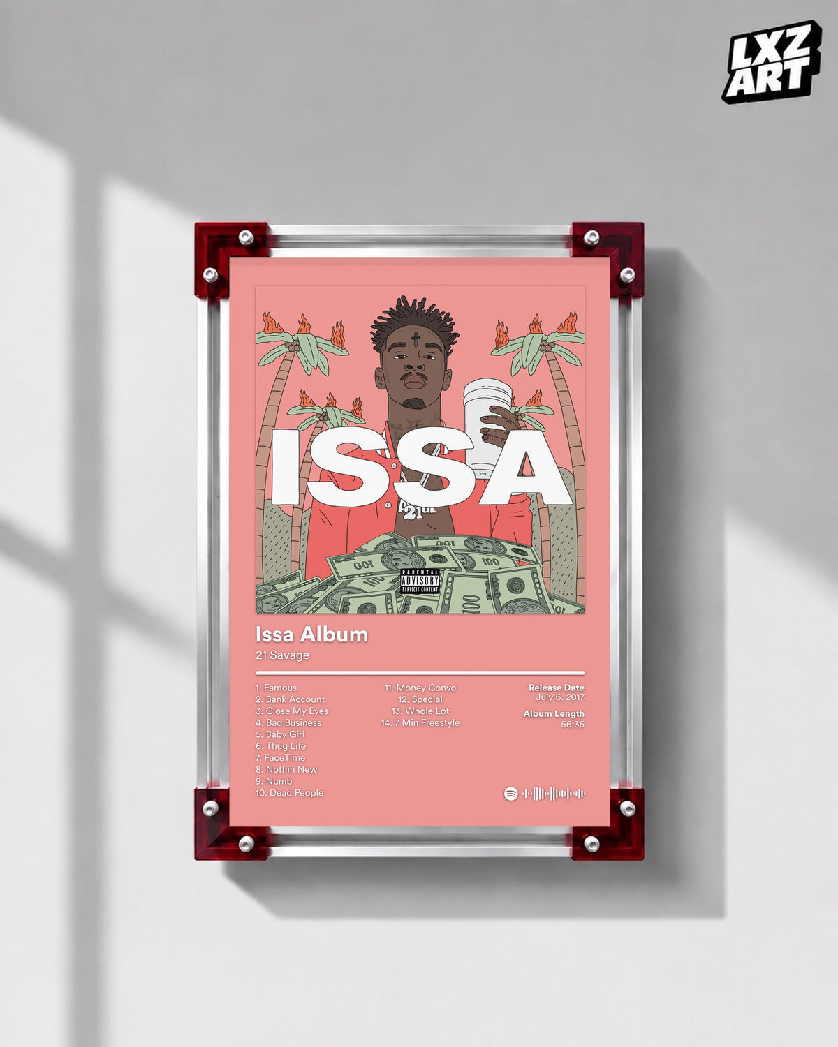 21 Savage Issa Album Pink Tracklist Poster displayed on a gray wall in a red corner frame; unframed print, frame not included