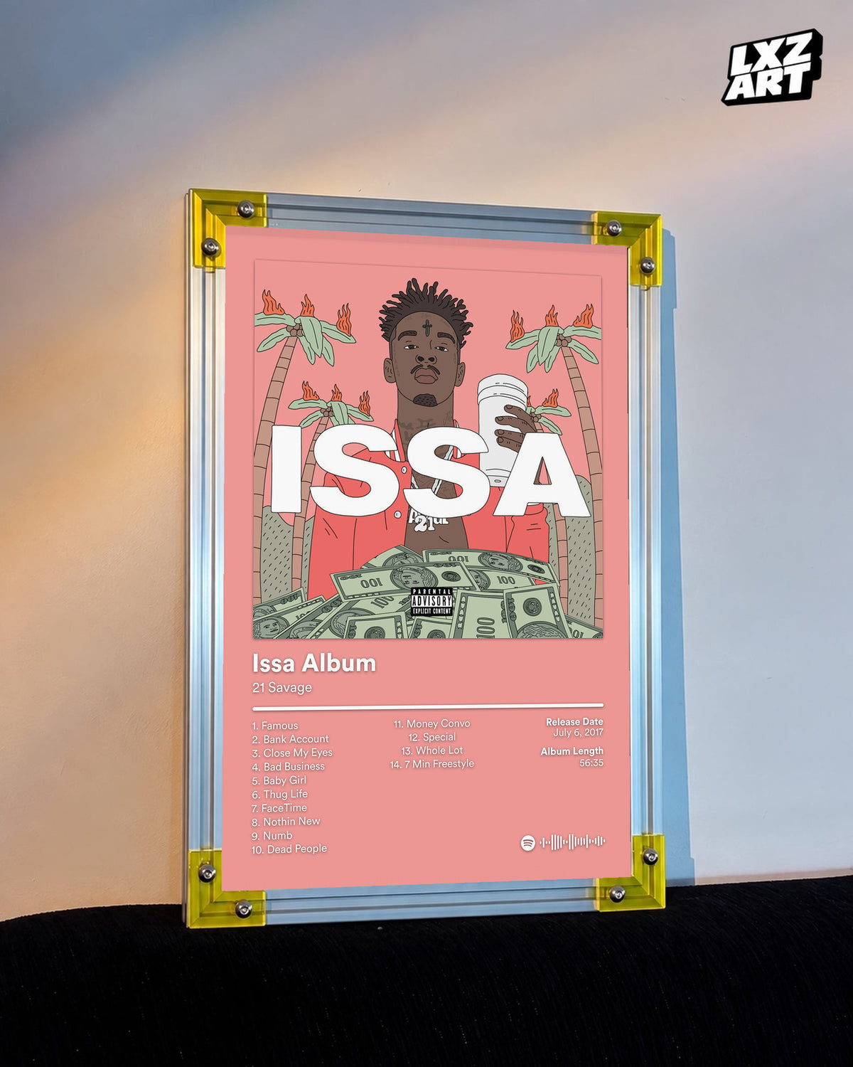 21 Savage Issa Album Pink Tracklist Poster displayed on a warm wall in a yellow corner frame; unframed print, frame not included