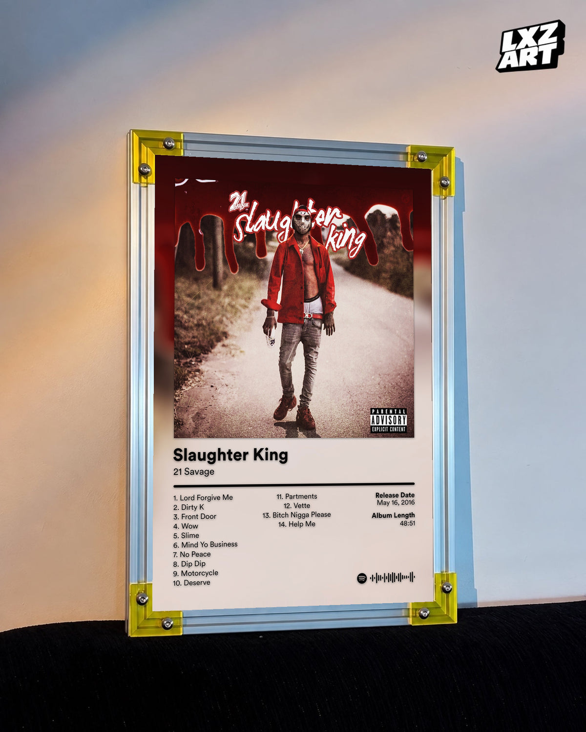 21 Savage Slaughter King Tracklist Poster displayed on a warm wall in a yellow corner frame; unframed print, frame not included