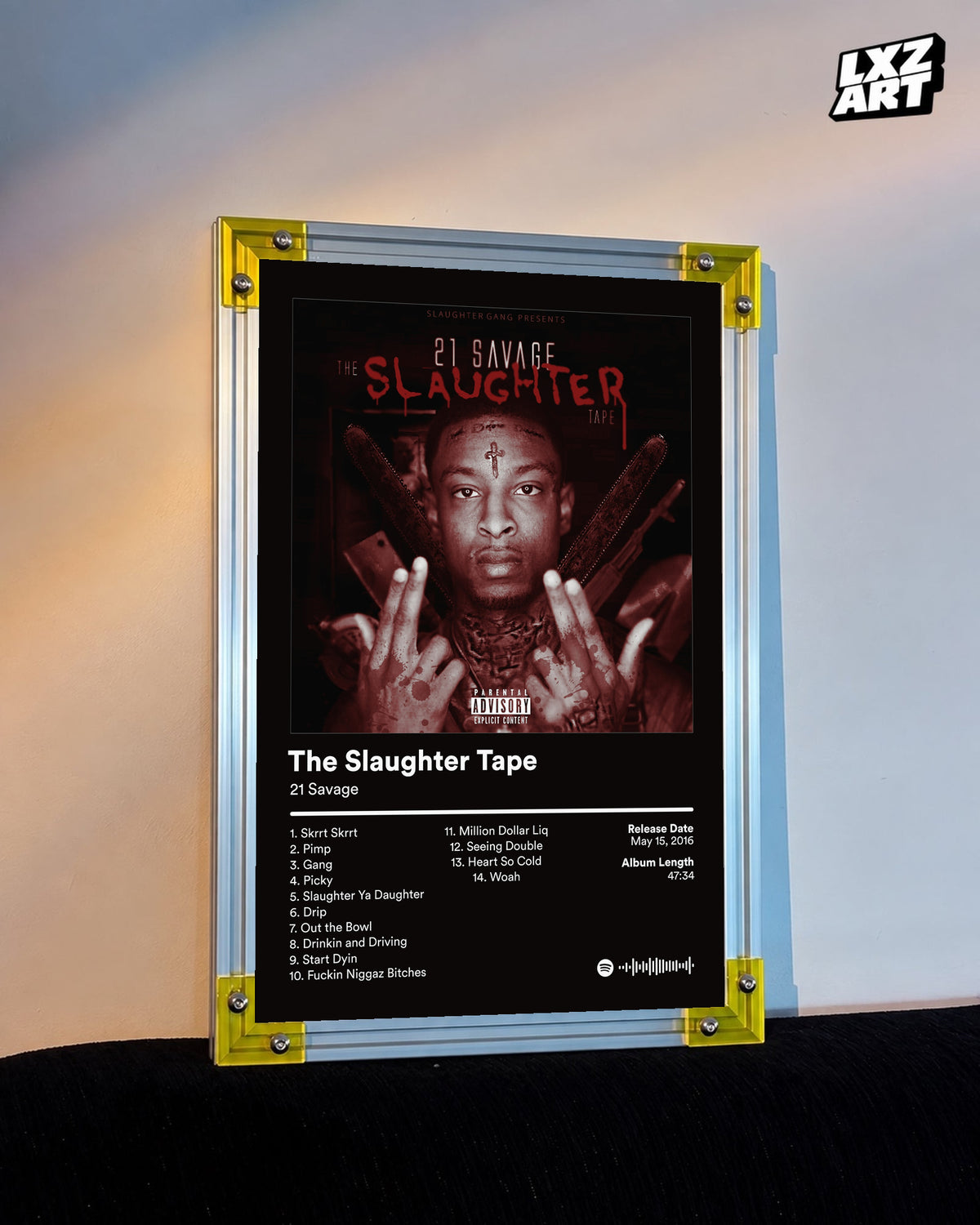 21 Savage The Slaughter Tape Tracklist Poster displayed on a warm wall in a yellow corner frame; unframed print, frame not included