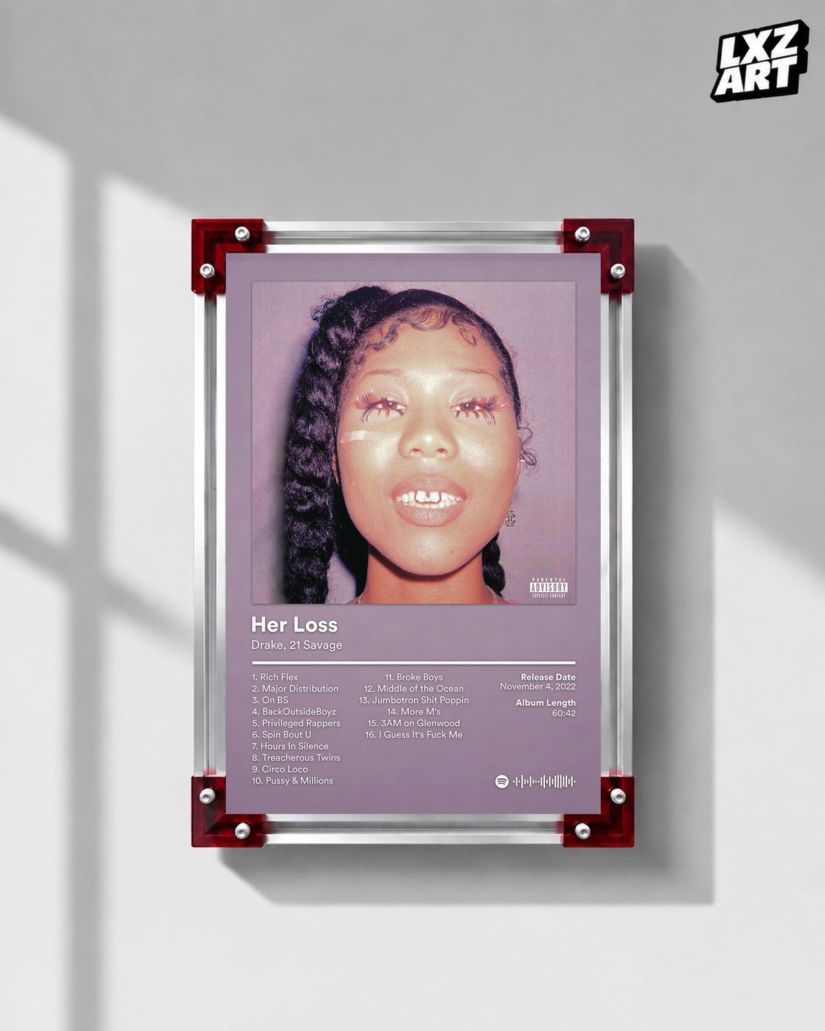 Drake & 21 Savage Her Loss Mauve Tracklist Poster displayed on a gray wall in a red corner frame; unframed print, frame not included