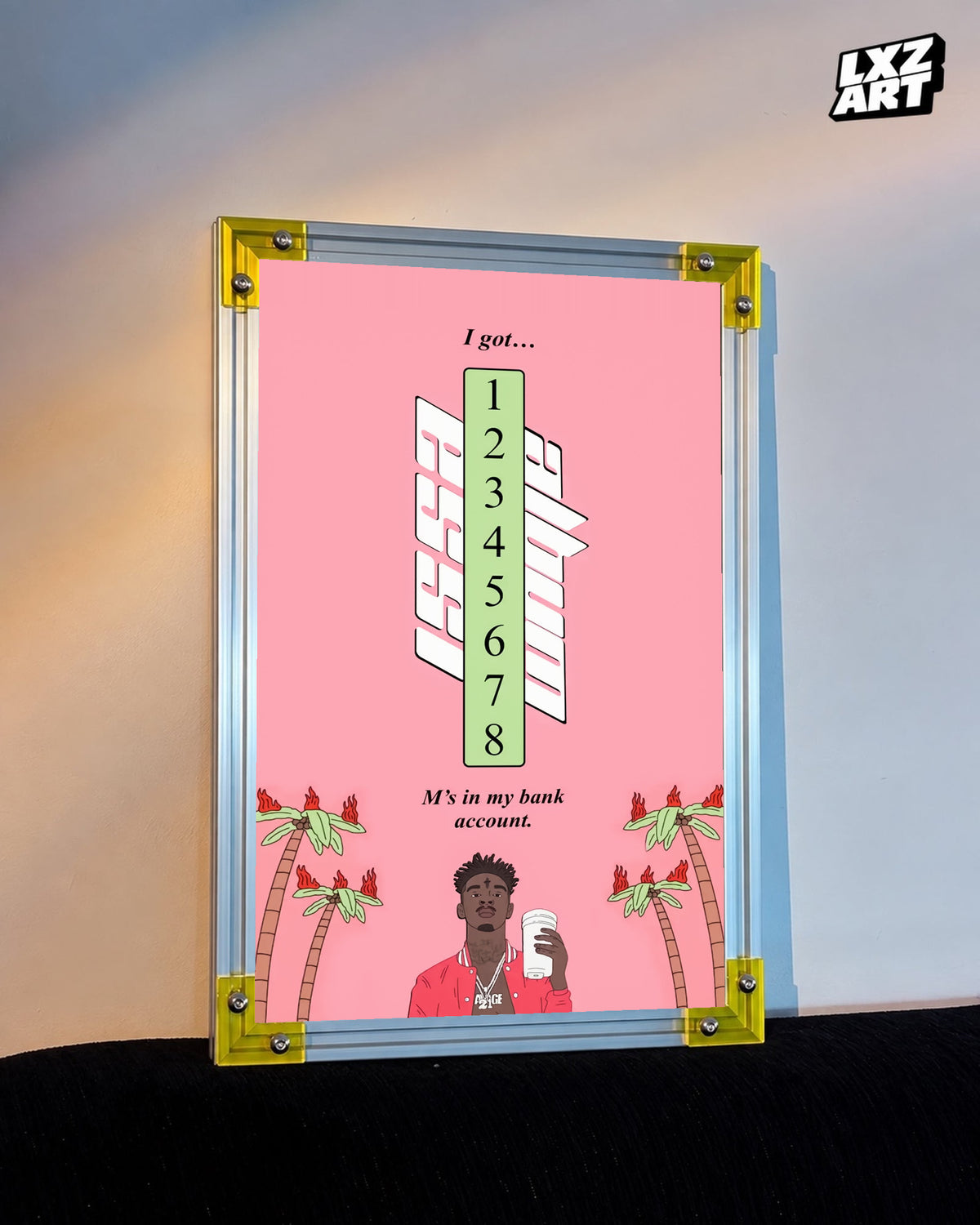 21 Savage Bank Account Pink Lyric Poster displayed on a warm wall in a yellow corner frame; unframed print, frame not included