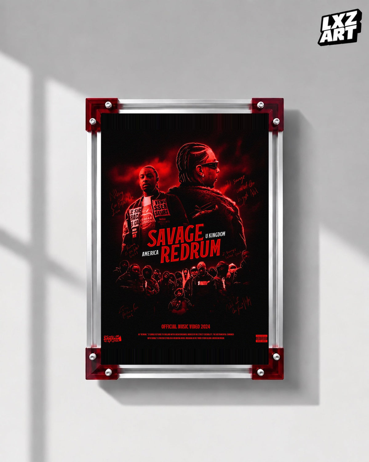 21 Savage Redrum Red Music Video Poster displayed on a gray wall in a red corner frame; unframed print, frame not included