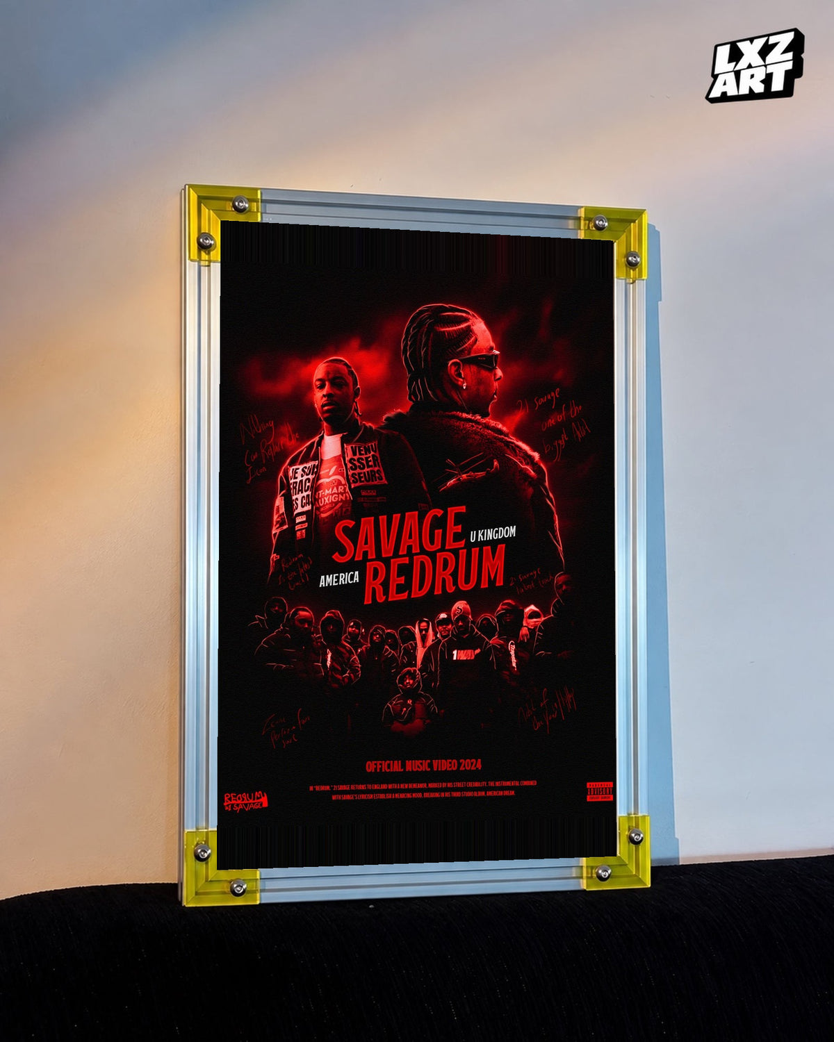 21 Savage Redrum Red Music Video Poster displayed on a warm wall in a yellow corner frame; unframed print, frame not included