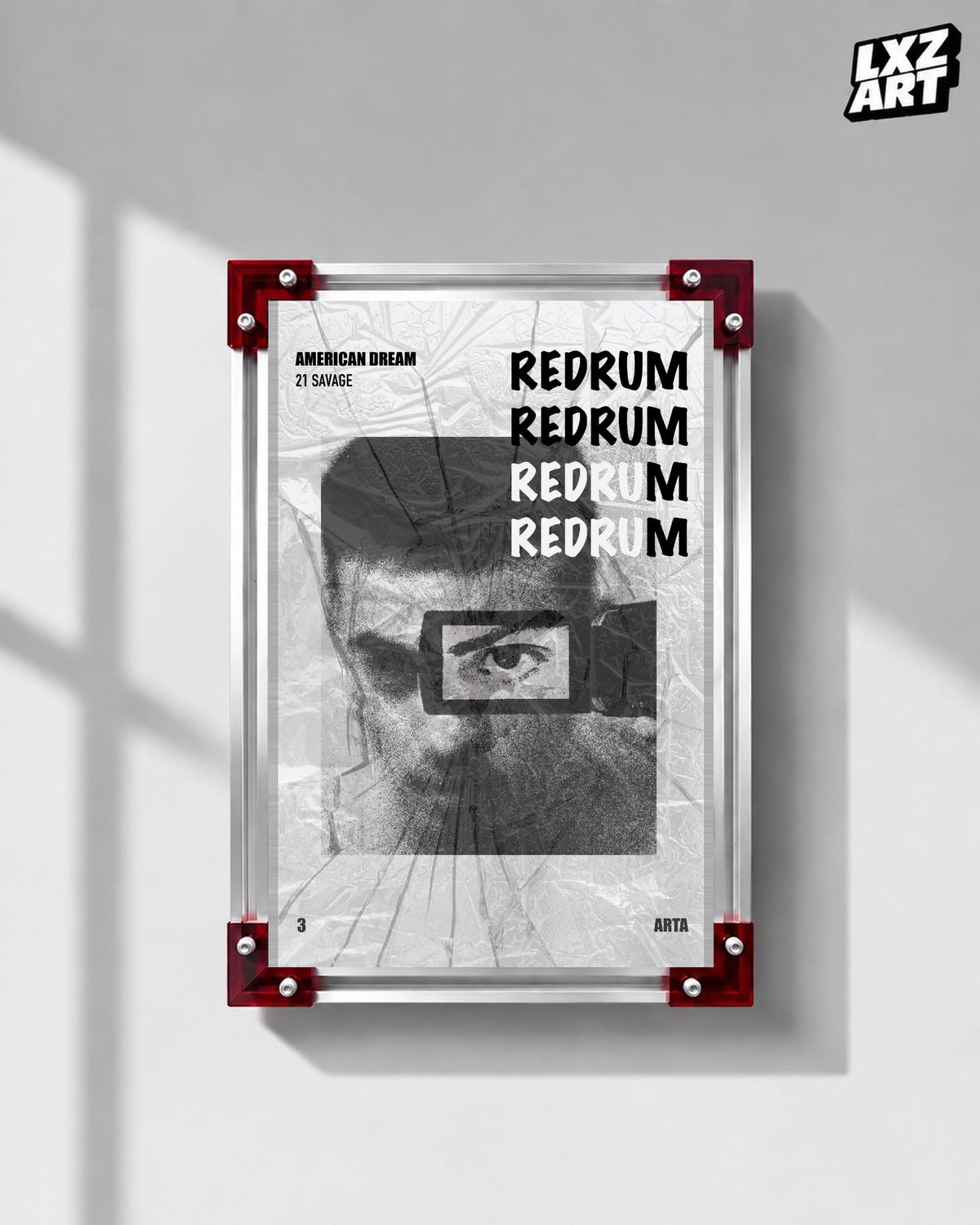 21 Savage Redrum Monochrome Eye Poster displayed on a gray wall in a red corner frame; unframed print, frame not included