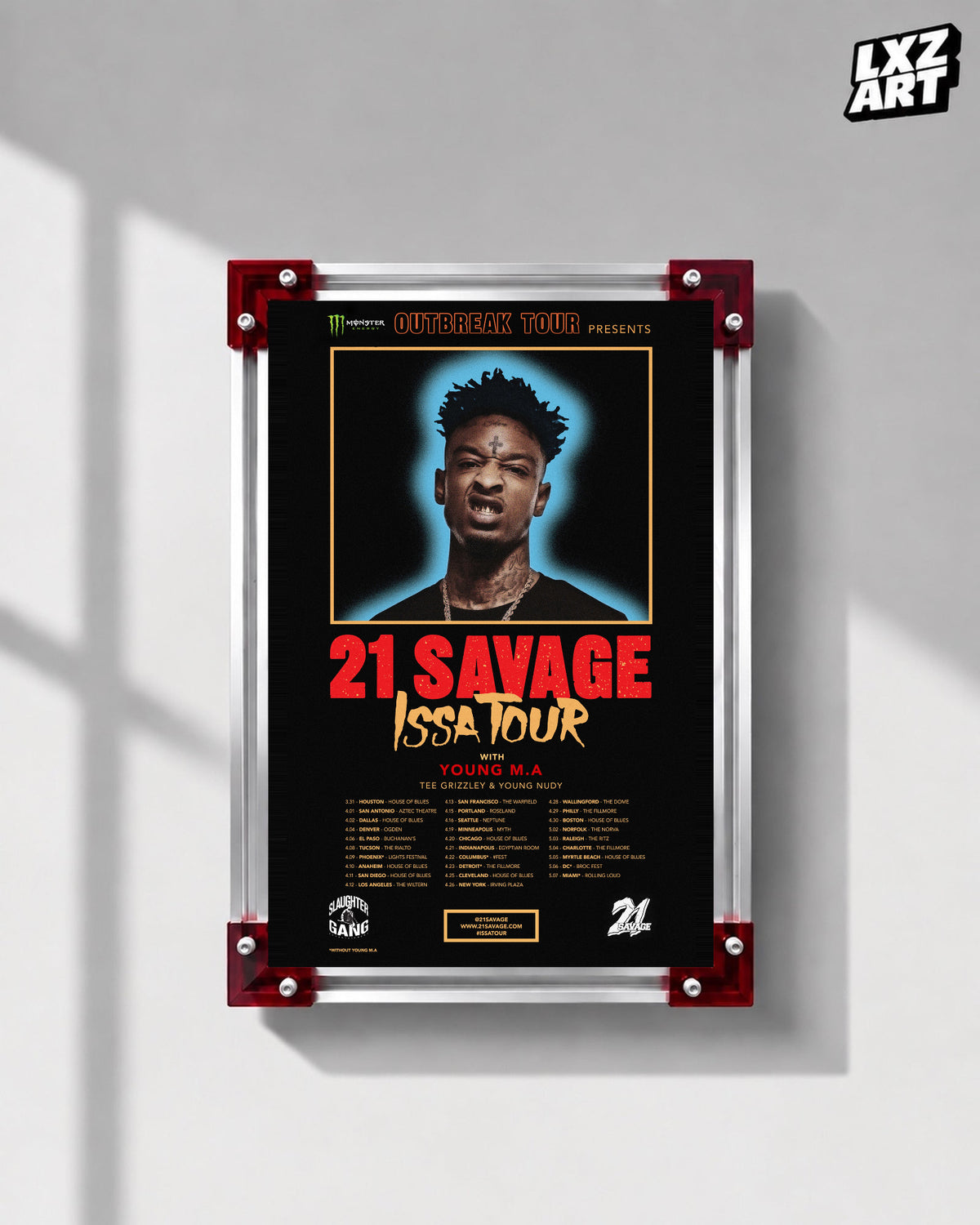 21 Savage Issa Tour 2017 Date Poster displayed on a gray wall in a red corner frame; unframed print, frame not included