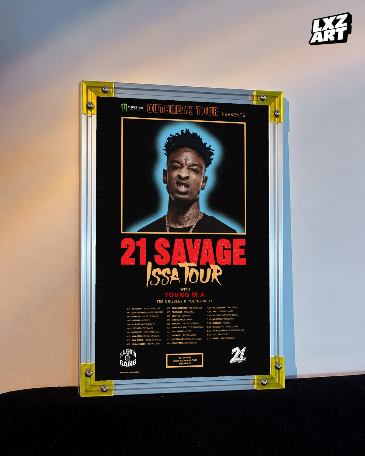 21 Savage Issa Tour 2017 Date Poster displayed on a warm wall in a yellow corner frame; unframed print, frame not included