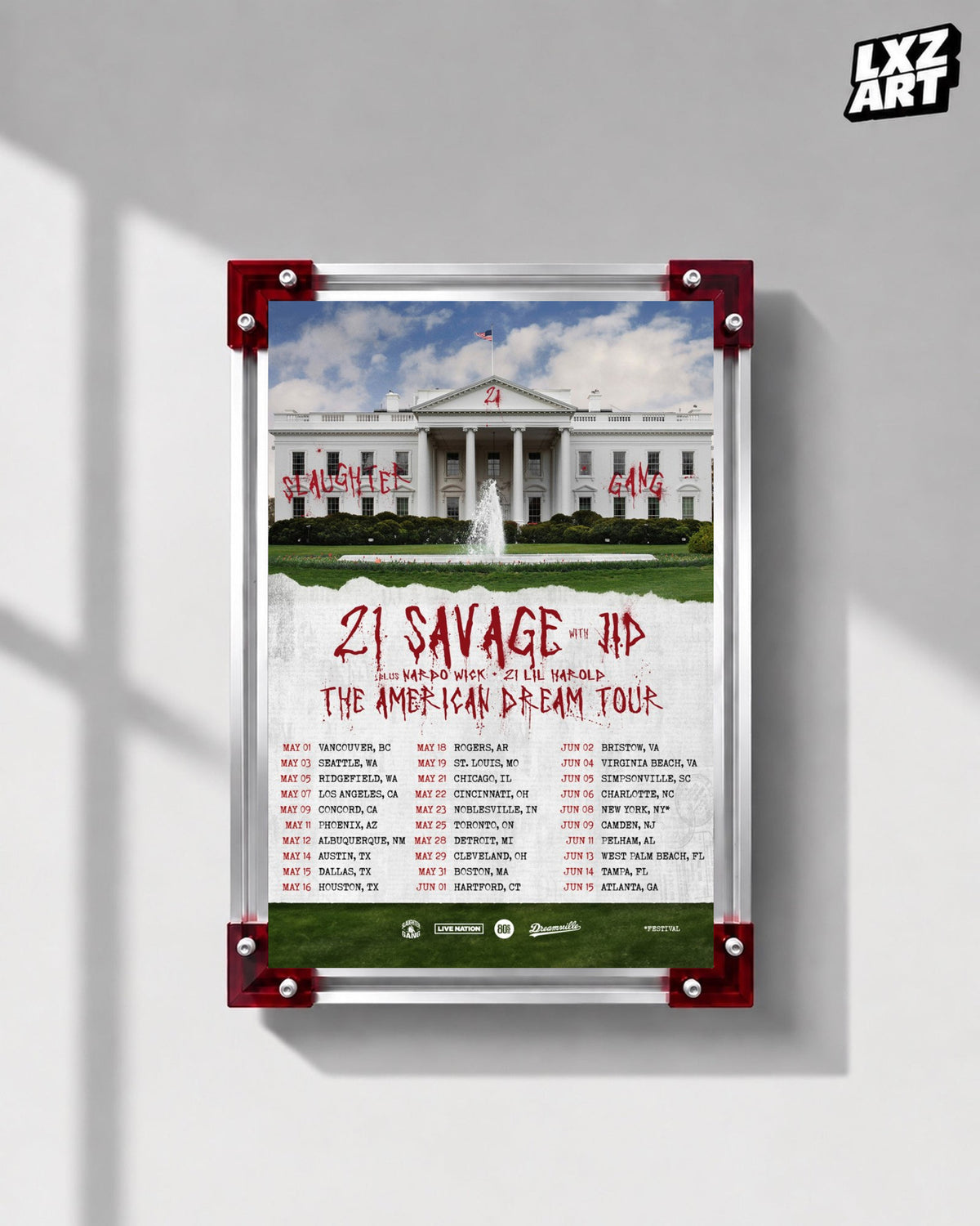 21 Savage The American Dream Tour 2024 Poster displayed on a gray wall in a red corner frame; unframed print, frame not included