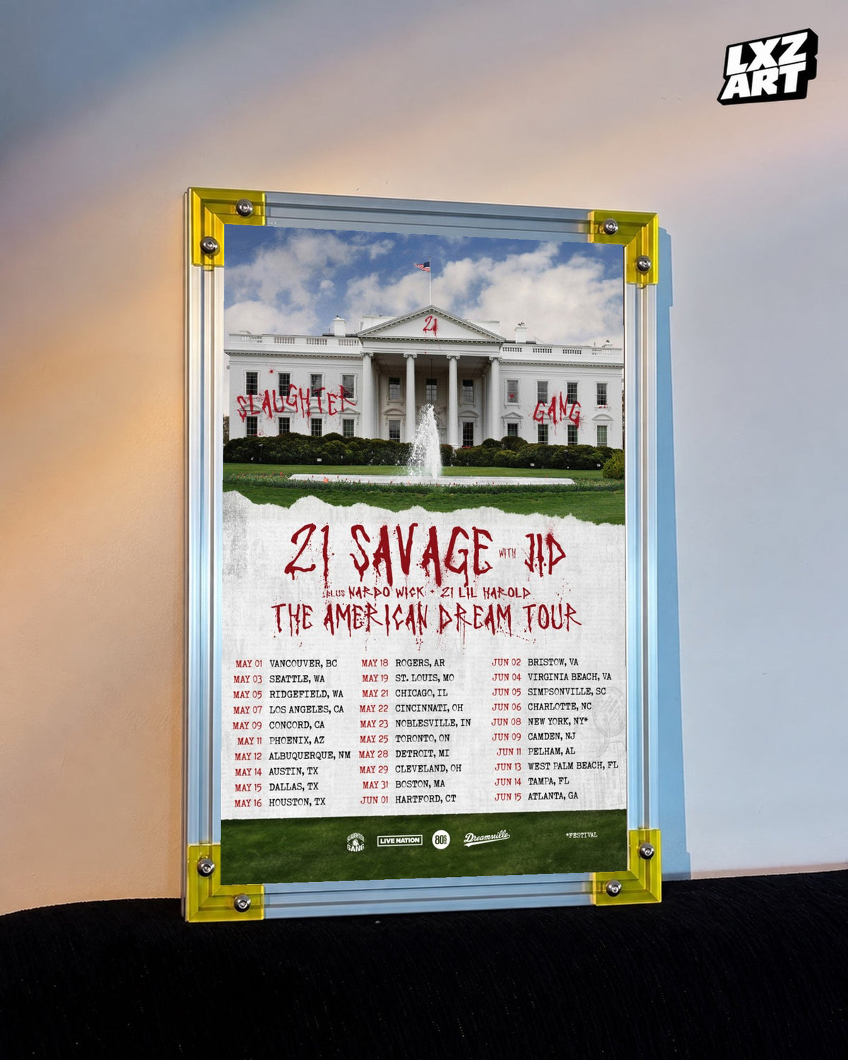 21 Savage The American Dream Tour 2024 Poster displayed on a warm wall in a yellow corner frame; unframed print, frame not included