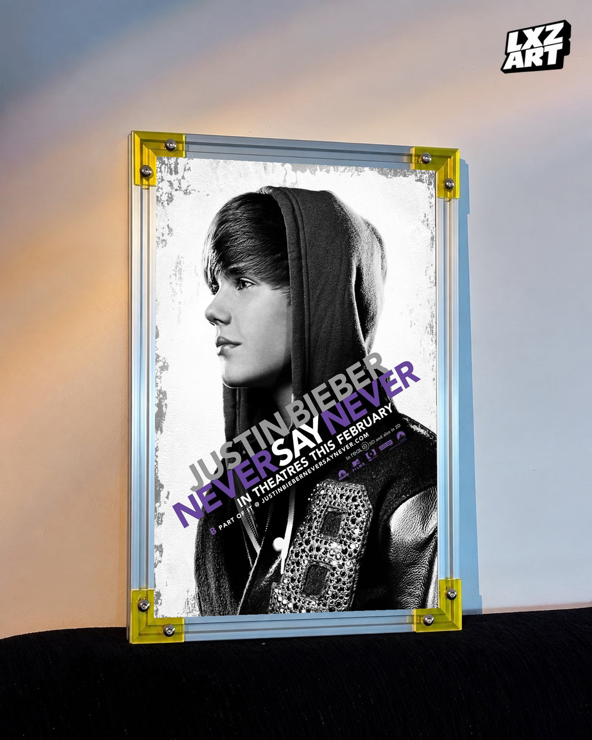 Justin Bieber Never Say Never Black and White Profile Concert Film Poster displayed on a warm wall in a yellow corner frame; unframed print, frame not included