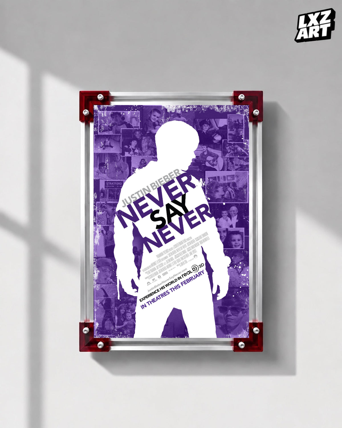 Justin Bieber Never Say Never Purple Collage Concert Film Poster displayed on a gray wall in a red corner frame; unframed print, frame not included