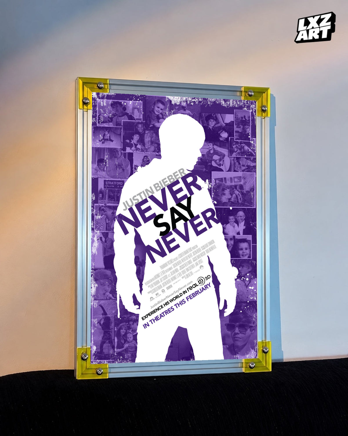 Justin Bieber Never Say Never Purple Collage Concert Film Poster displayed on a warm wall in a yellow corner frame; unframed print, frame not included
