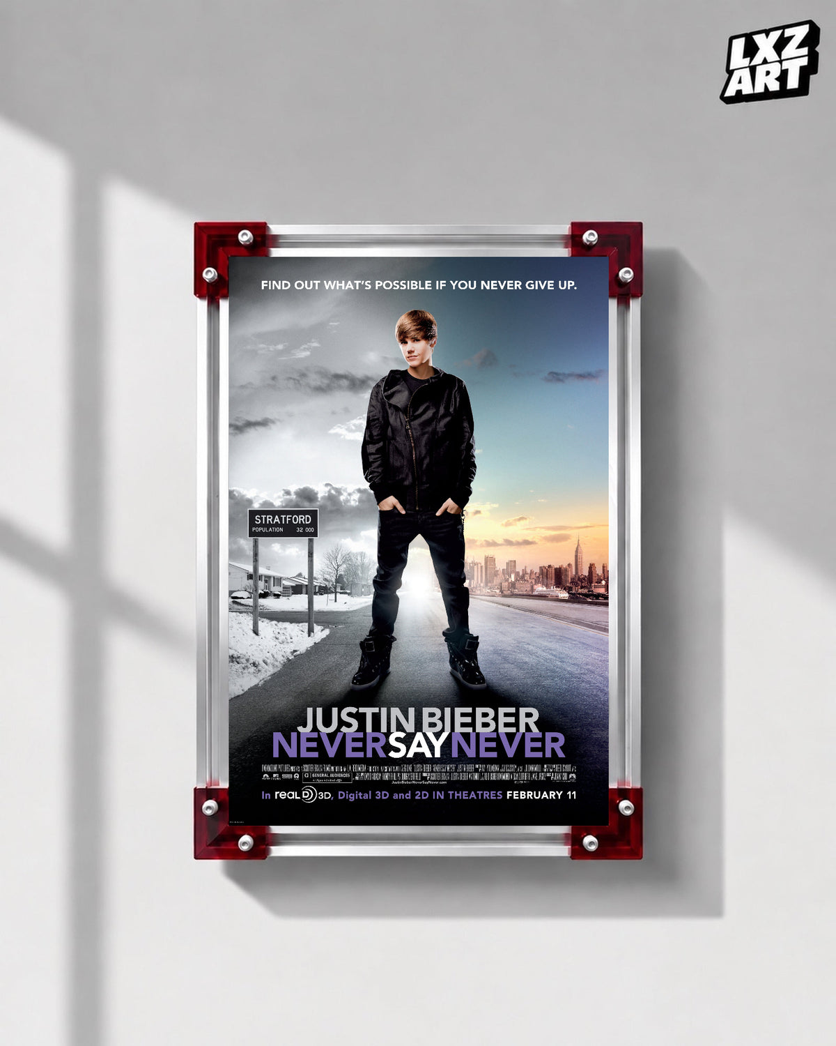Justin Bieber Never Say Never City Road Concert Film Poster displayed on a gray wall in a red corner frame; unframed print, frame not included