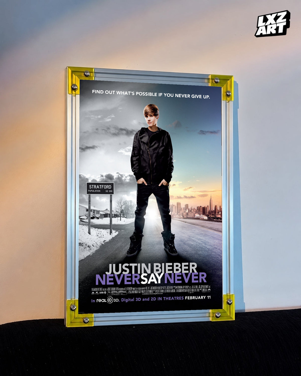 Justin Bieber Never Say Never City Road Concert Film Poster displayed on a warm wall in a yellow corner frame; unframed print, frame not included