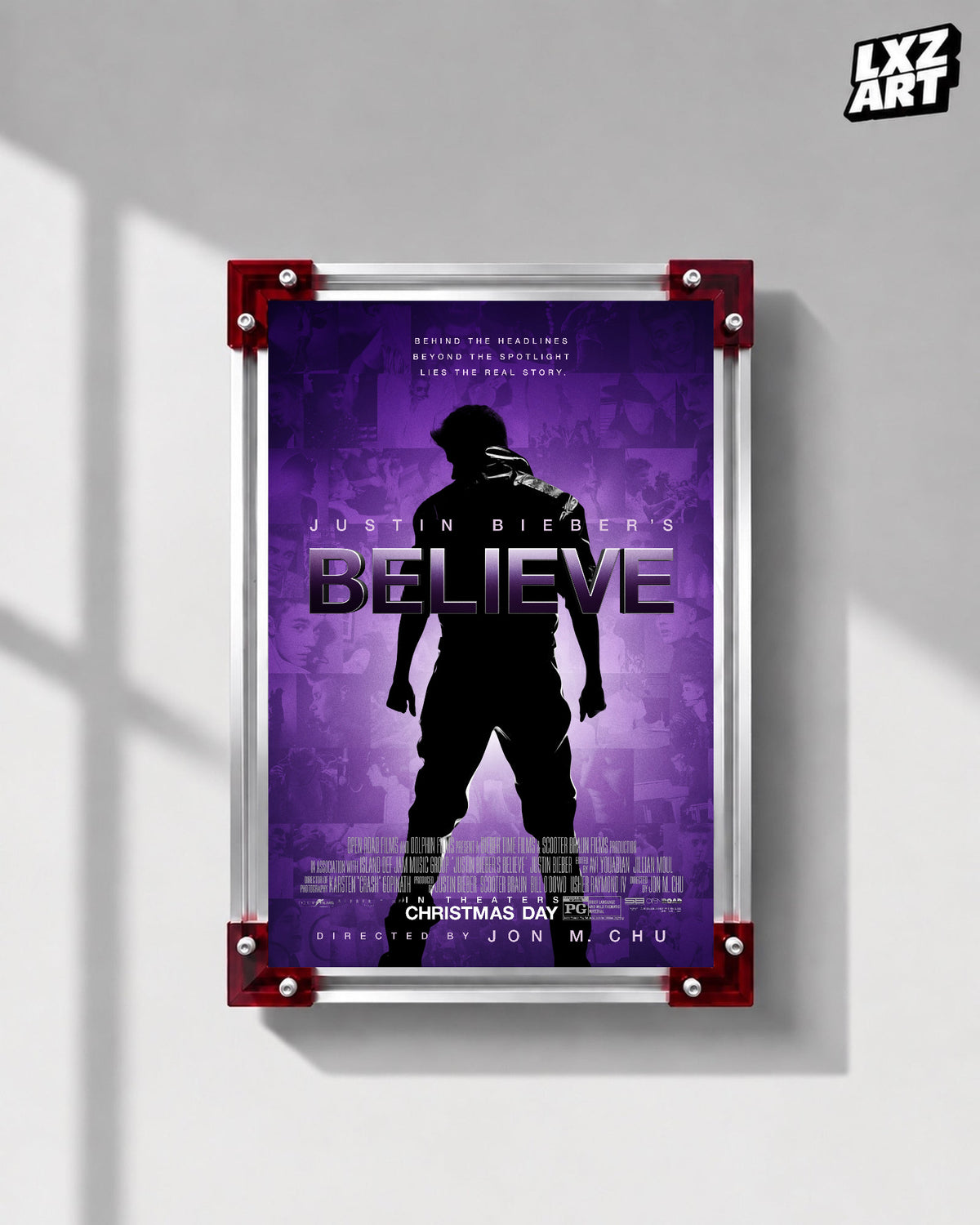 Justin Bieber Believe Purple Silhouette Concert Film Poster displayed on a gray wall in a red corner frame; unframed print, frame not included
