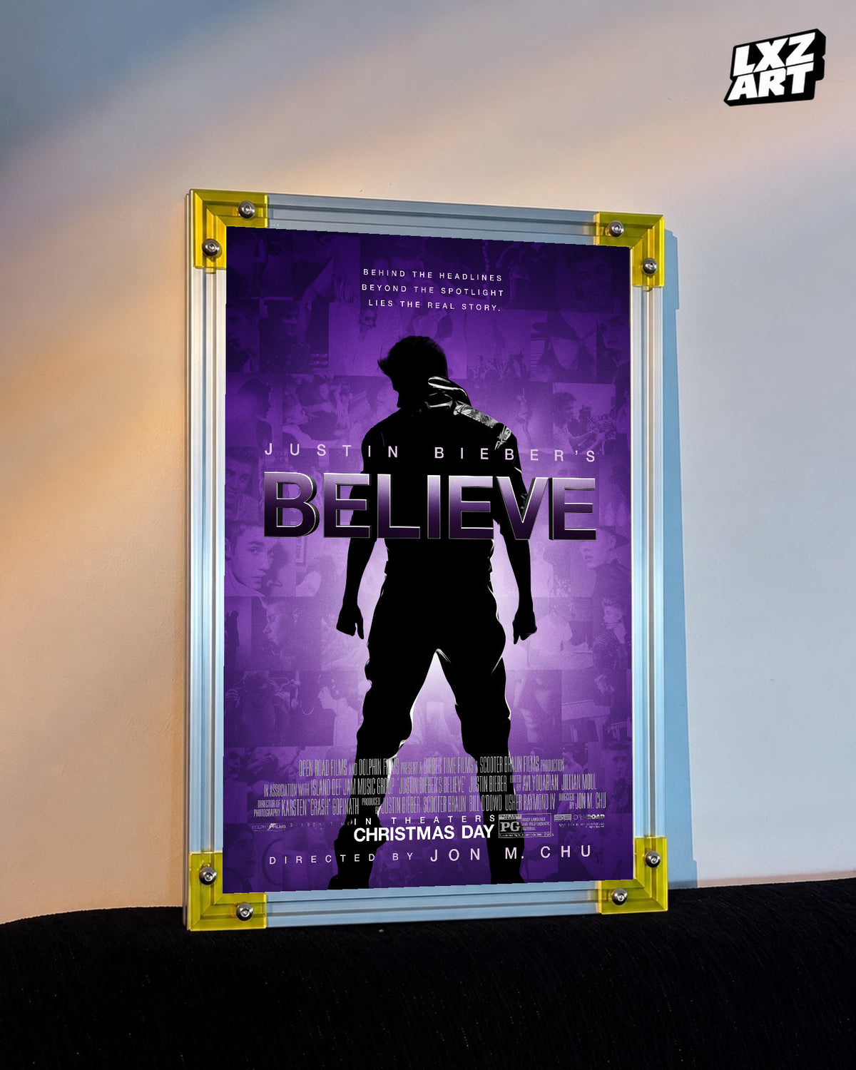 Justin Bieber Believe Purple Silhouette Concert Film Poster displayed on a warm wall in a yellow corner frame; unframed print, frame not included