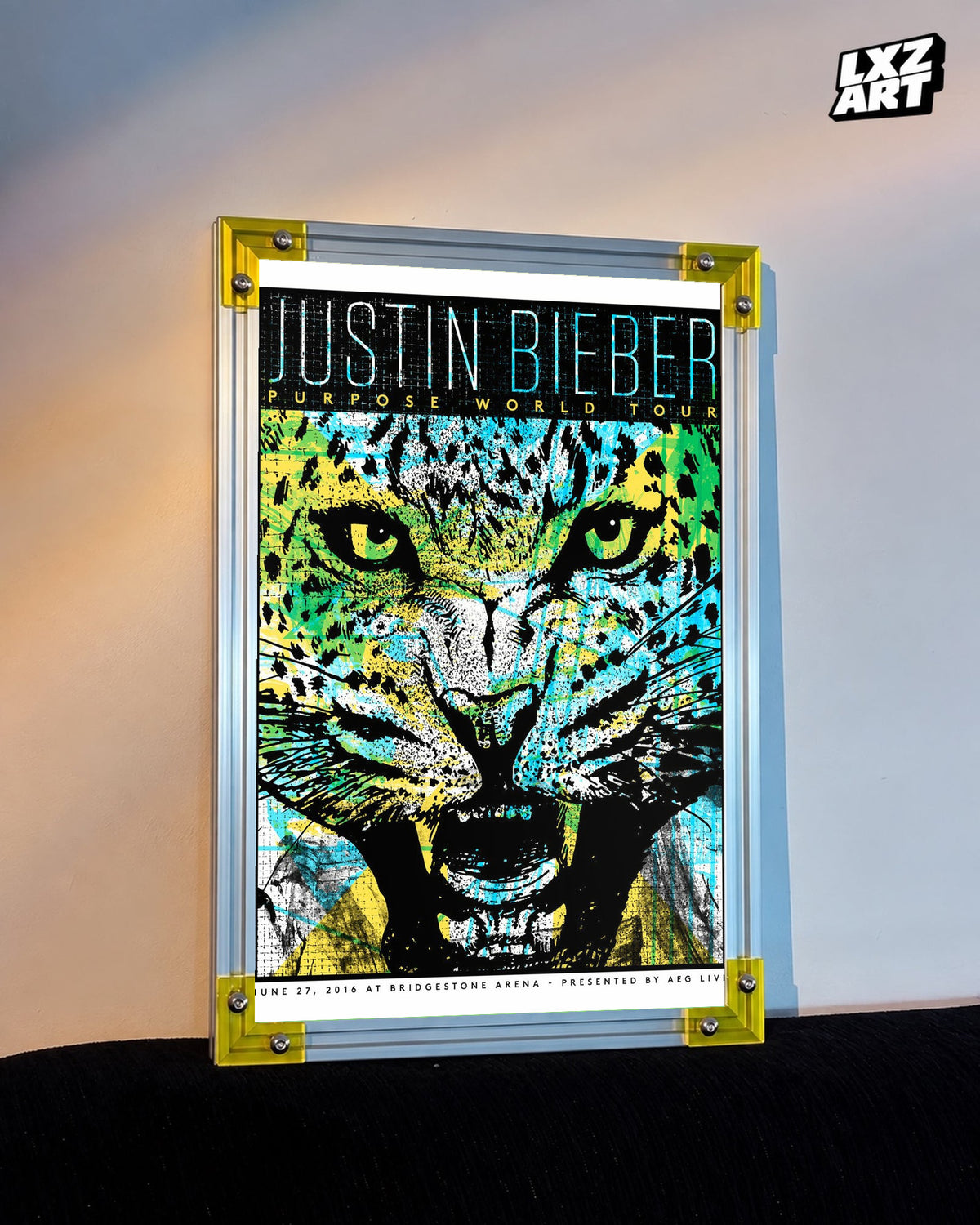 Justin Bieber Purpose World Tour Nashville Jaguar Poster displayed on a warm wall in a yellow corner frame; unframed print, frame not included