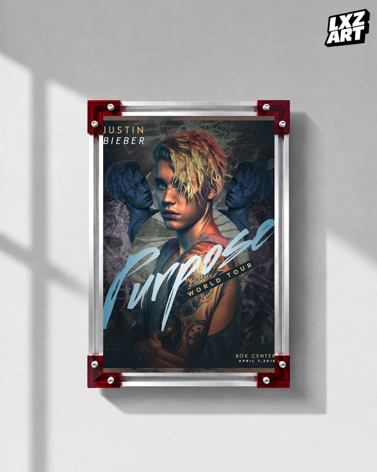 Justin Bieber Purpose World Tour Tulsa Portrait Poster displayed on a gray wall in a red corner frame; unframed print, frame not included