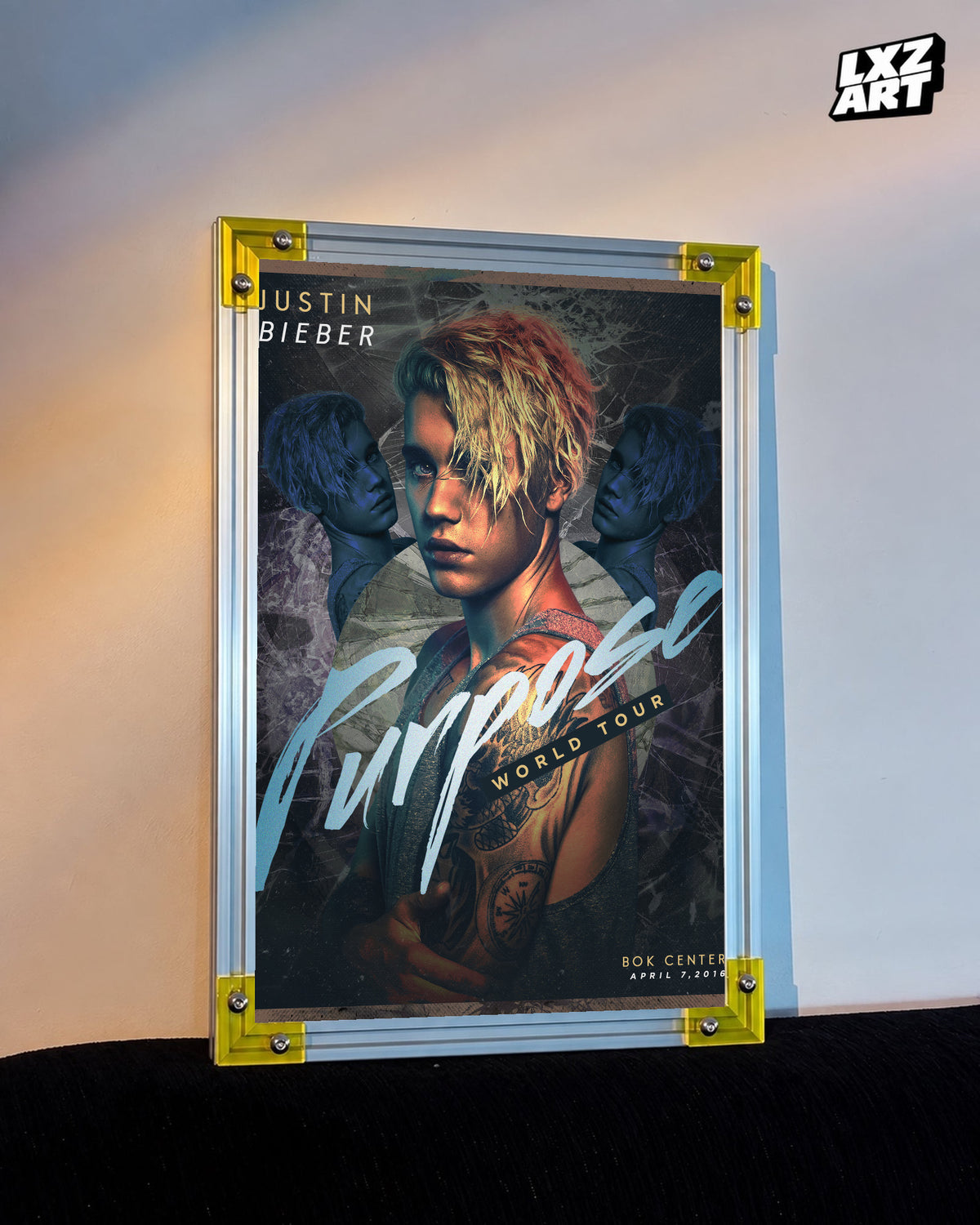 Justin Bieber Purpose World Tour Tulsa Portrait Poster displayed on a warm wall in a yellow corner frame; unframed print, frame not included