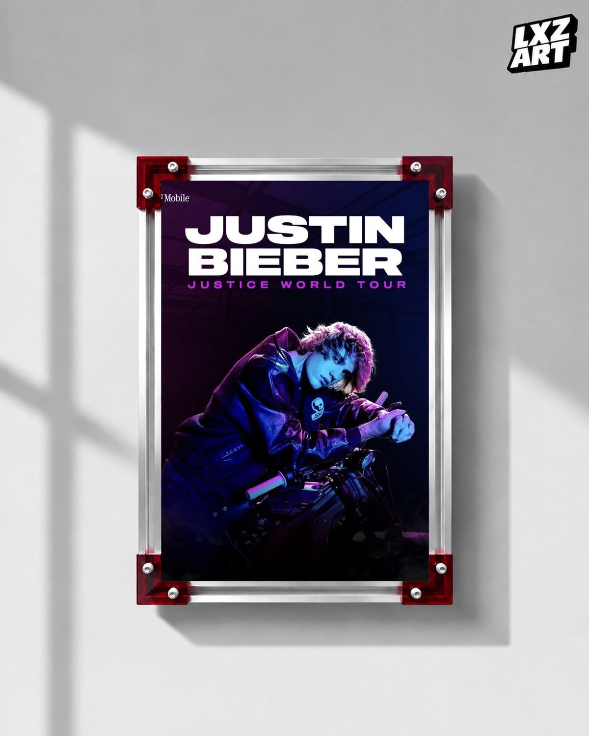 Justin Bieber Justice World Tour Blue Motorcycle Poster displayed on a gray wall in a red corner frame; unframed print, frame not included