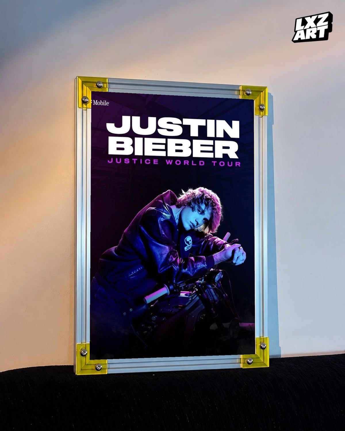 Justin Bieber Justice World Tour Blue Motorcycle Poster displayed on a warm wall in a yellow corner frame; unframed print, frame not included