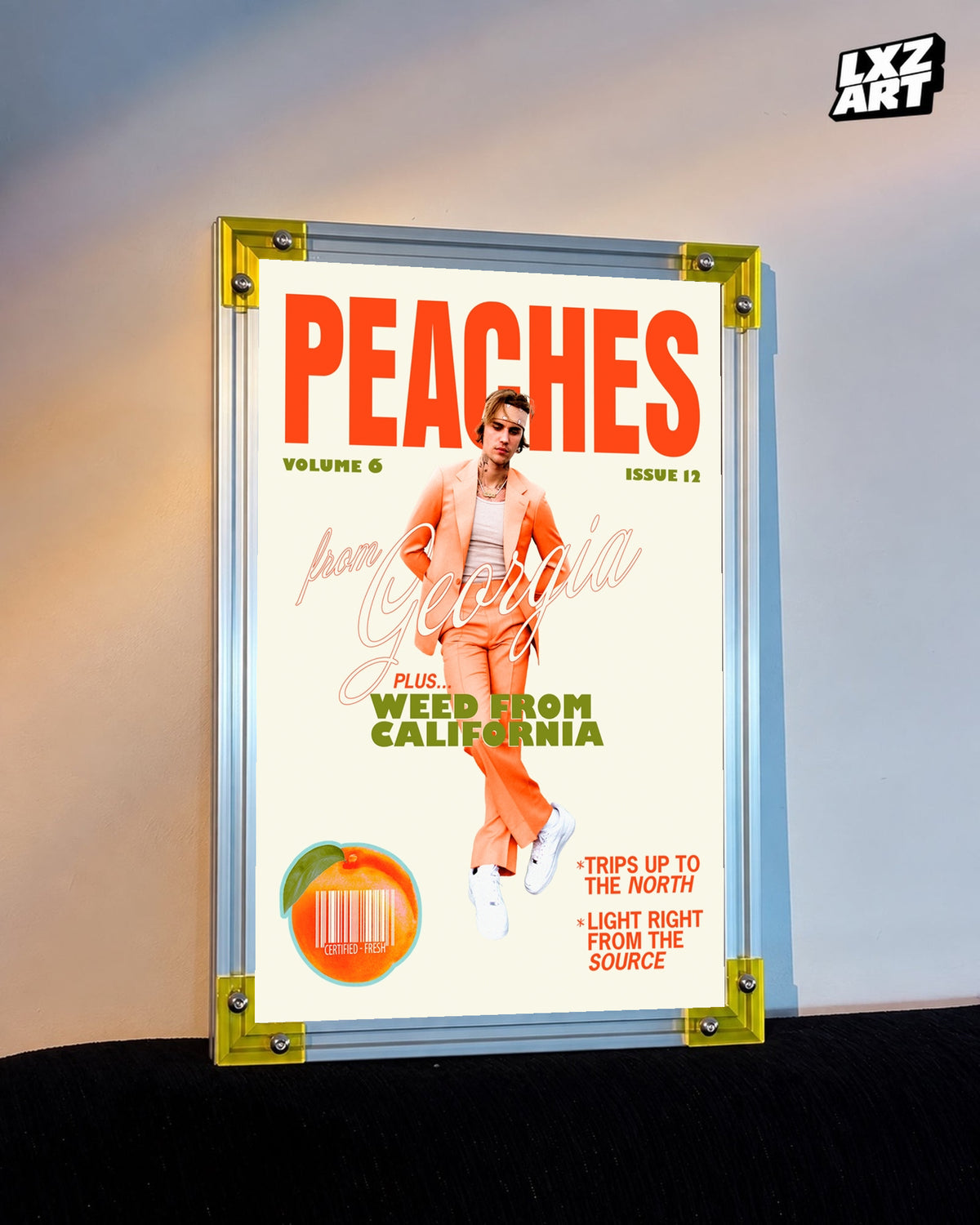 Justin Bieber Peaches Orange Portrait Poster displayed on a warm wall in a yellow corner frame; unframed print, frame not included