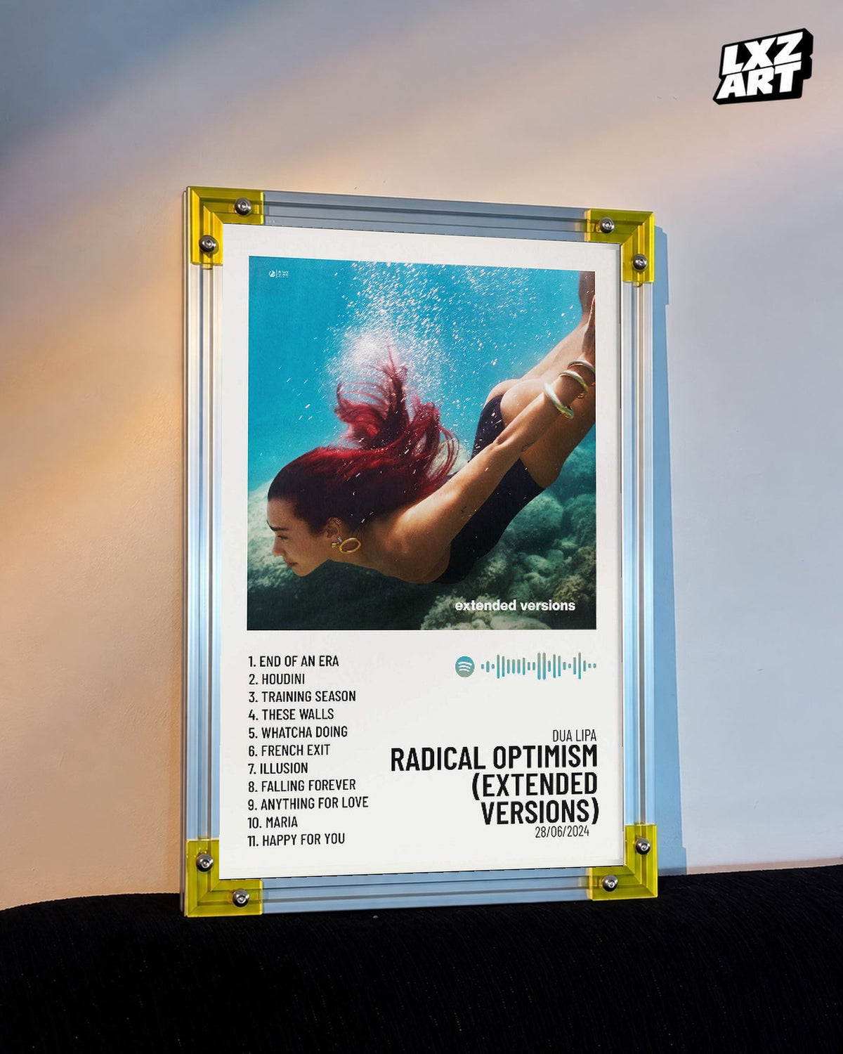 Dua Lipa Radical Optimism Extended Versions Underwater Tracklist Poster displayed on a warm wall in a yellow corner frame; unframed print, frame not included