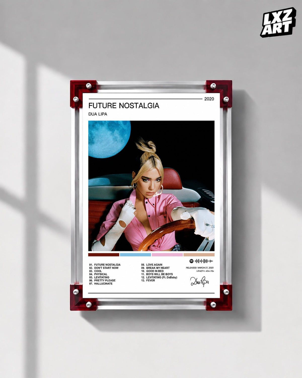 Dua Lipa Future Nostalgia Color Palette Tracklist Poster displayed on a gray wall in a red corner frame; unframed print, frame not included