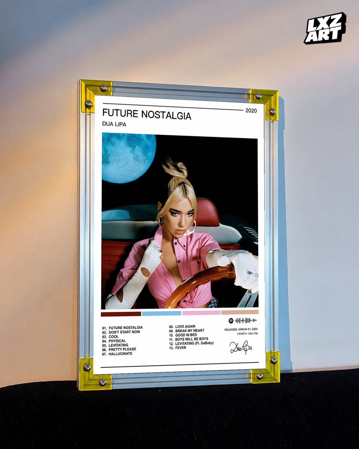 Dua Lipa Future Nostalgia Color Palette Tracklist Poster displayed on a warm wall in a yellow corner frame; unframed print, frame not included