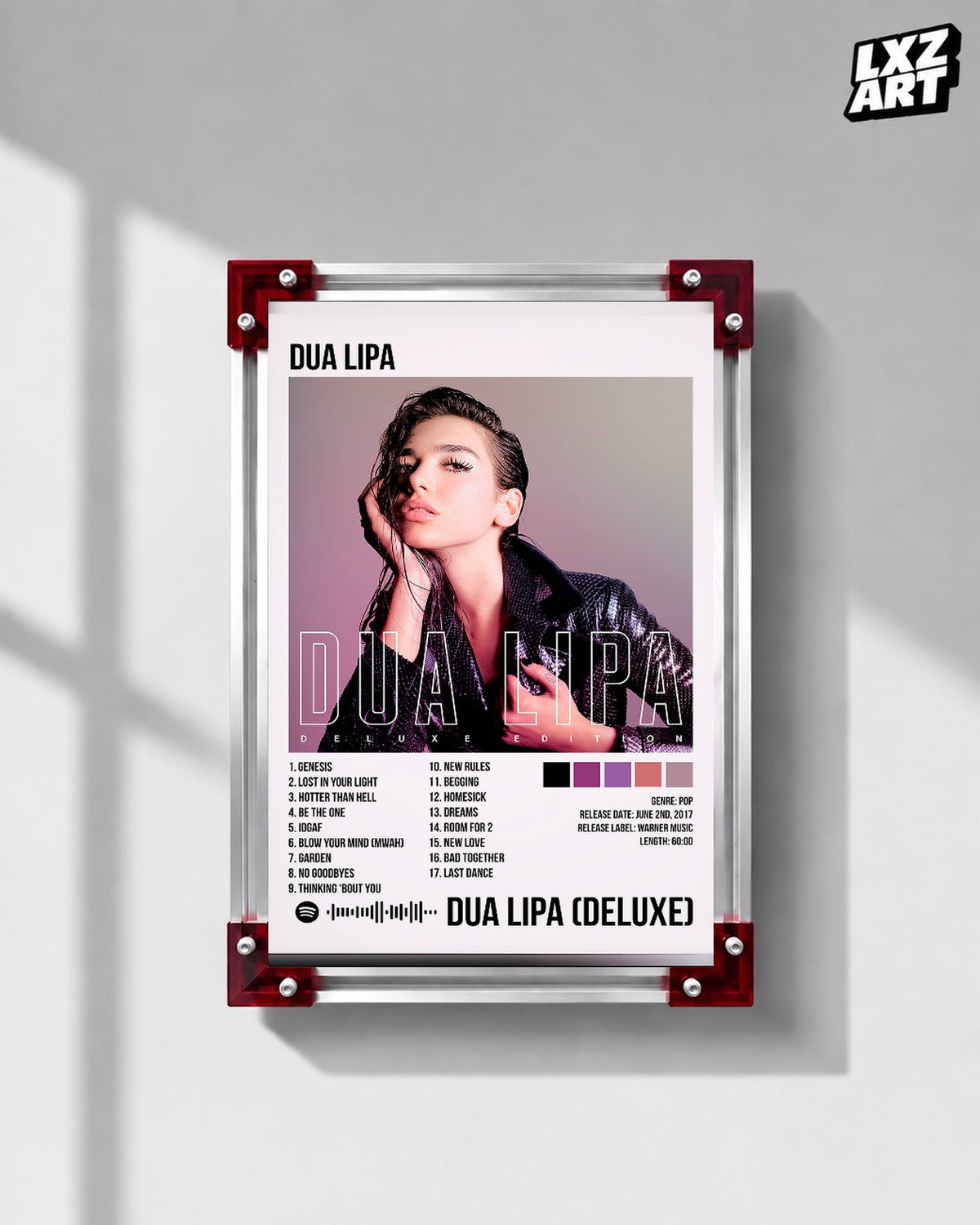 Dua Lipa Deluxe Purple Portrait Tracklist Poster displayed on a gray wall in a red corner frame; unframed print, frame not included