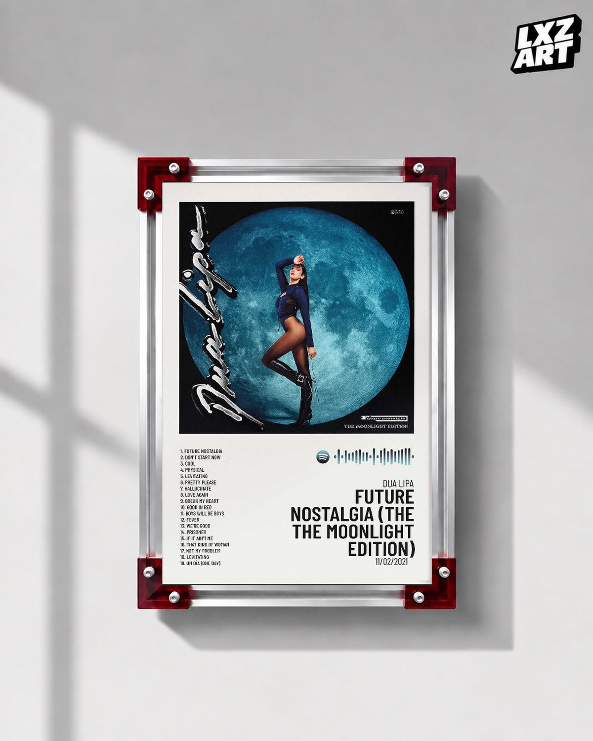 Dua Lipa Future Nostalgia Moonlight Edition Tracklist Poster displayed on a gray wall in a red corner frame; unframed print, frame not included
