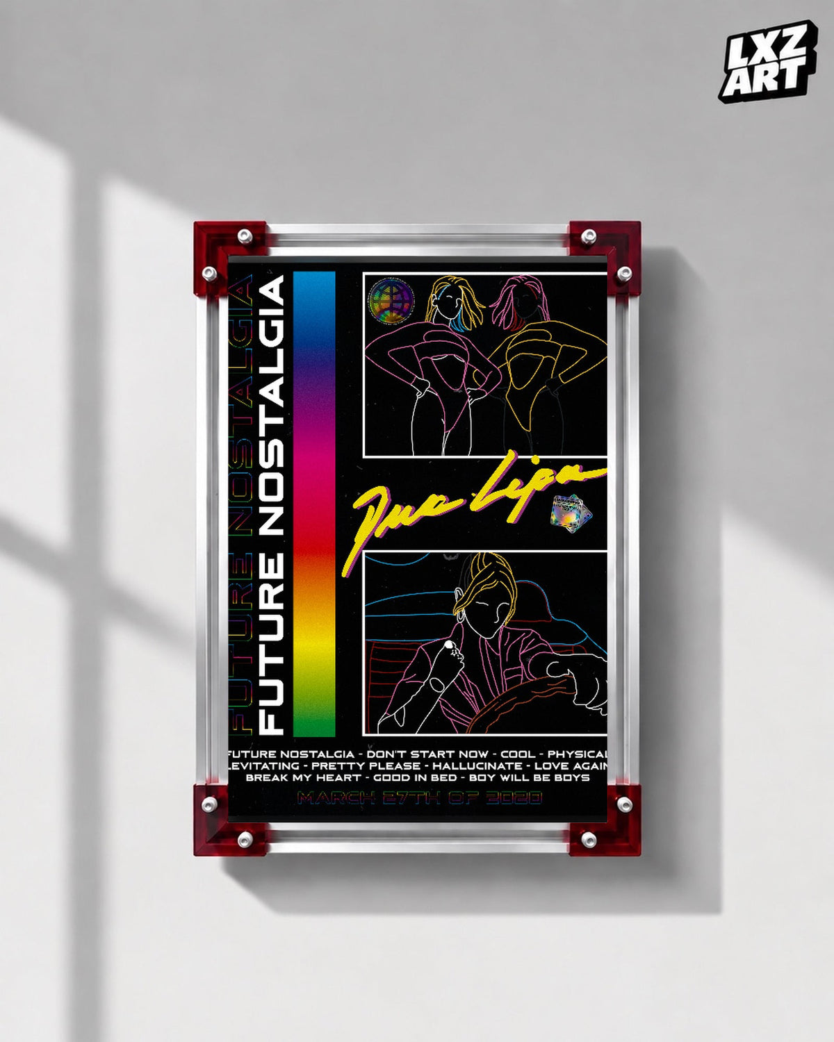 Dua Lipa Future Nostalgia Neon Line Art Poster displayed on a gray wall in a red corner frame; unframed print, frame not included