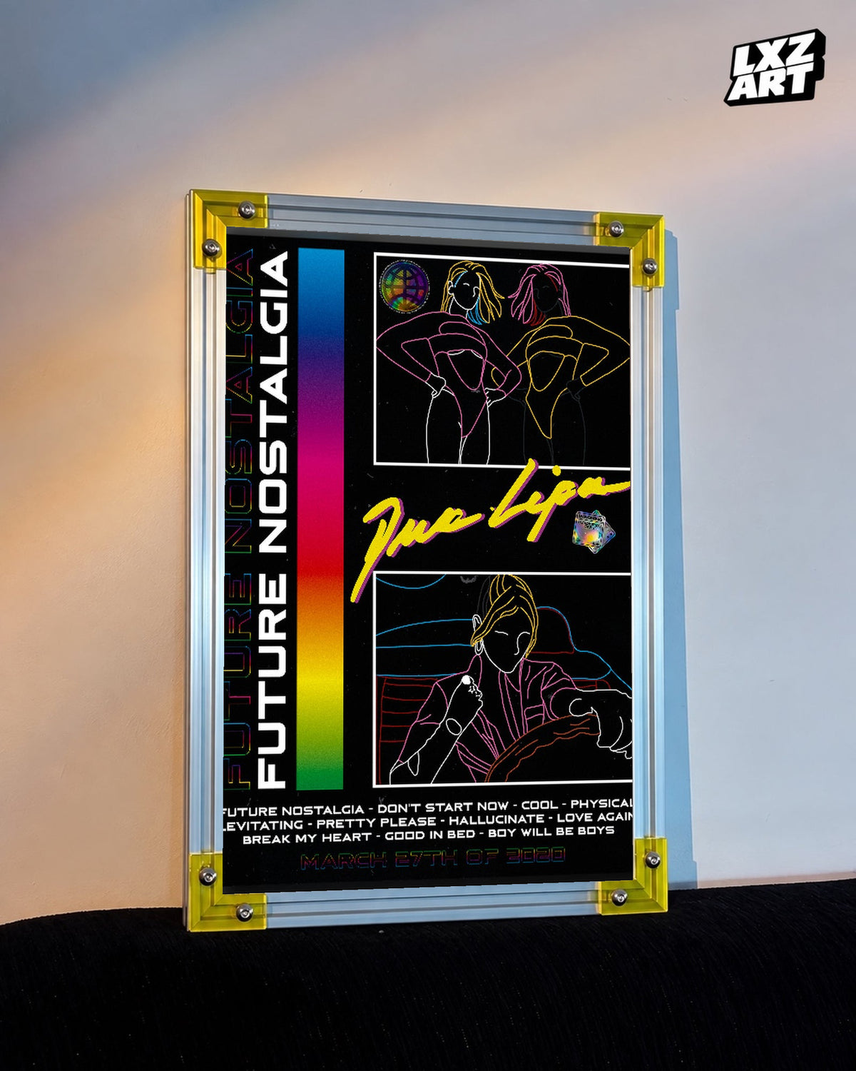 Dua Lipa Future Nostalgia Neon Line Art Poster displayed on a warm wall in a yellow corner frame; unframed print, frame not included
