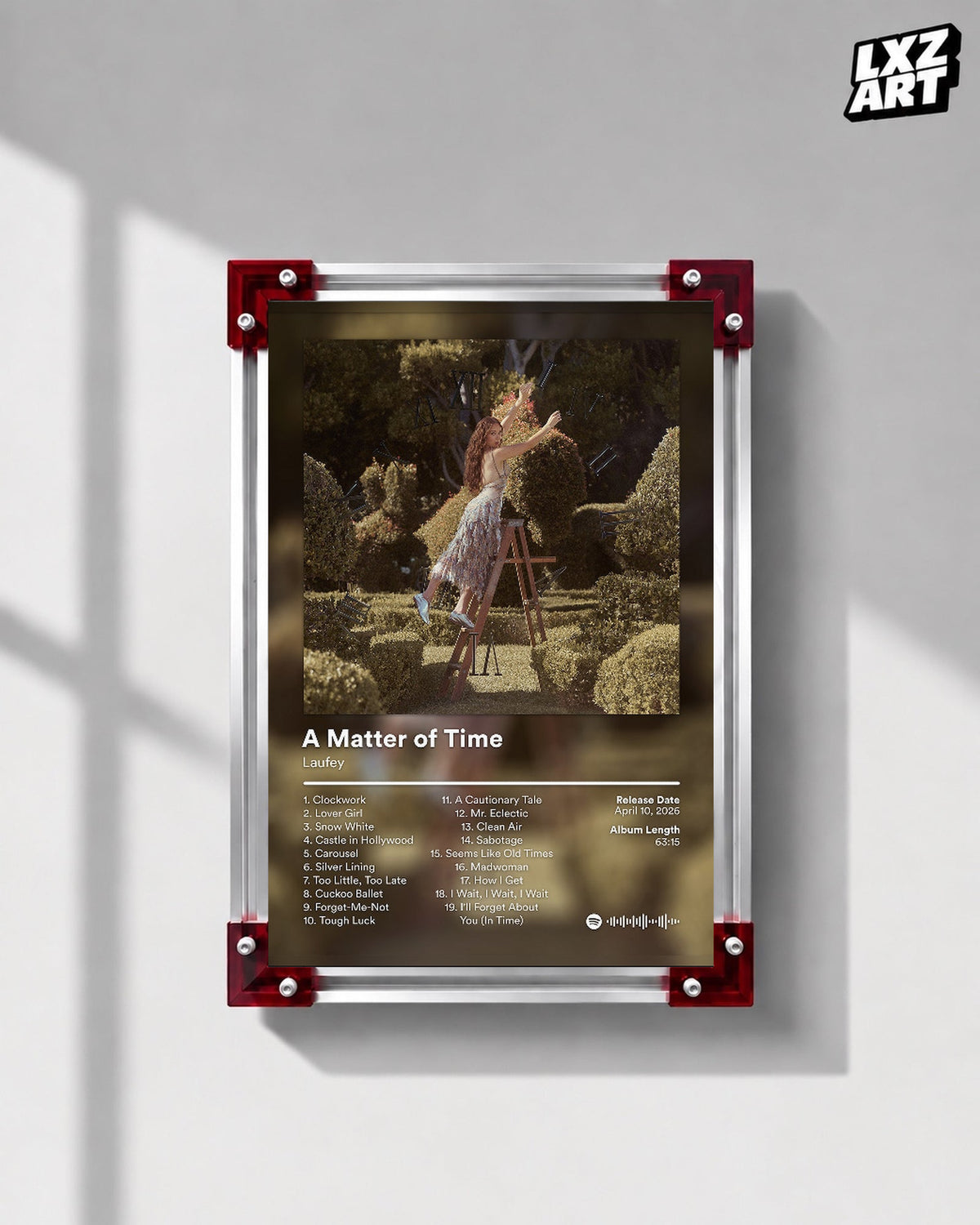 Laufey A Matter of Time The Final Hour Garden Tracklist Poster displayed on a gray wall in a red corner frame; unframed print, frame not included