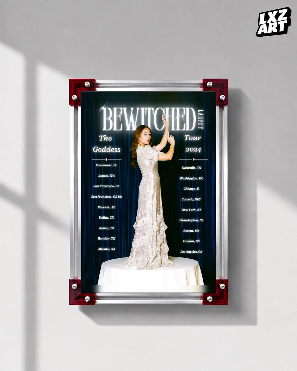 Laufey Bewitched The Goddess Tour Blue Curtain Poster displayed on a gray wall in a red corner frame; unframed print, frame not included