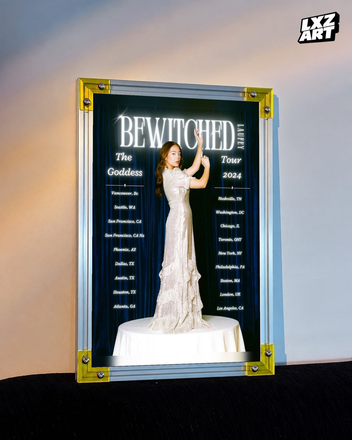 Laufey Bewitched The Goddess Tour Blue Curtain Poster displayed on a warm wall in a yellow corner frame; unframed print, frame not included