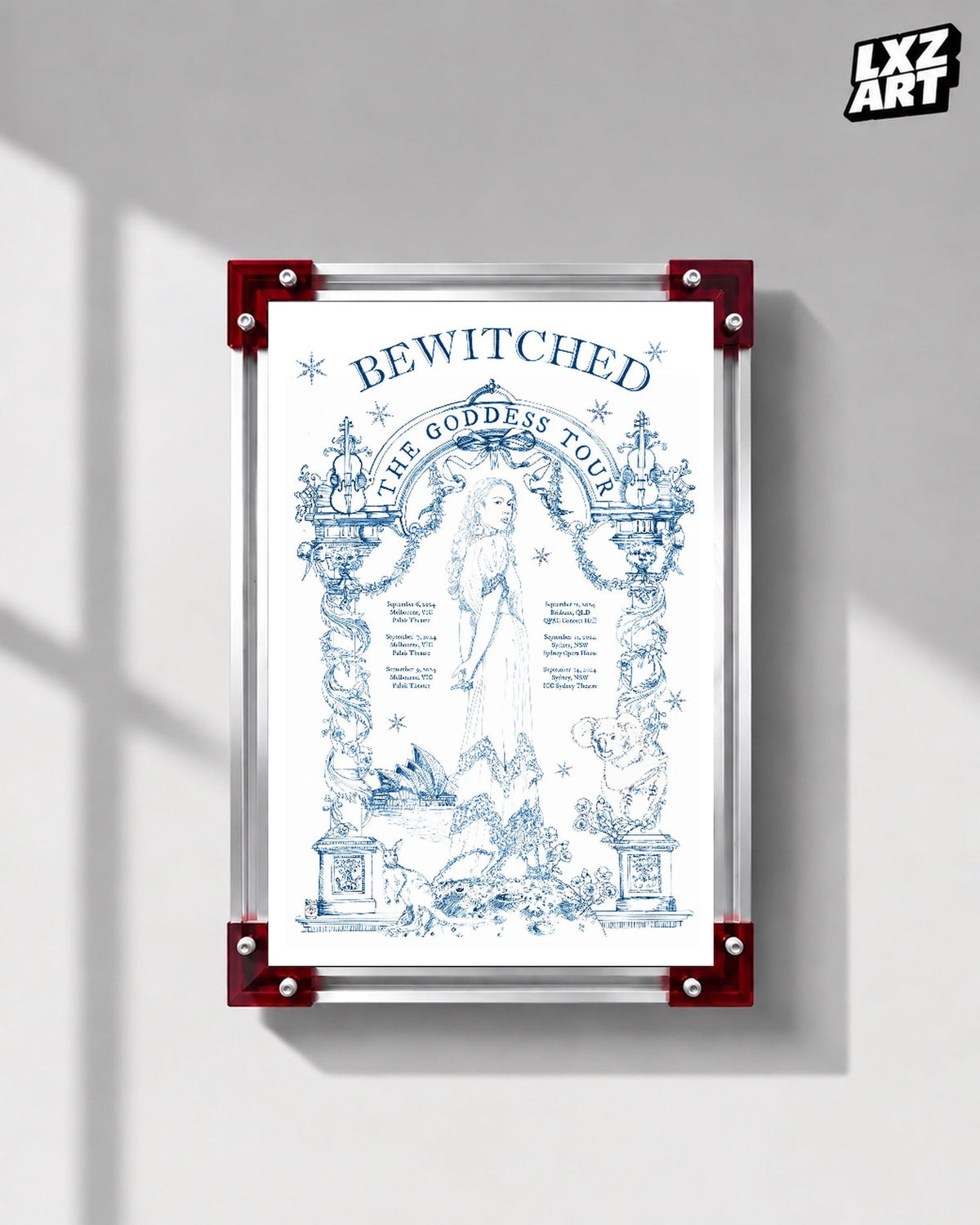 Laufey Bewitched The Goddess Tour Australia Illustration Poster displayed on a gray wall in a red corner frame; unframed print, frame not included