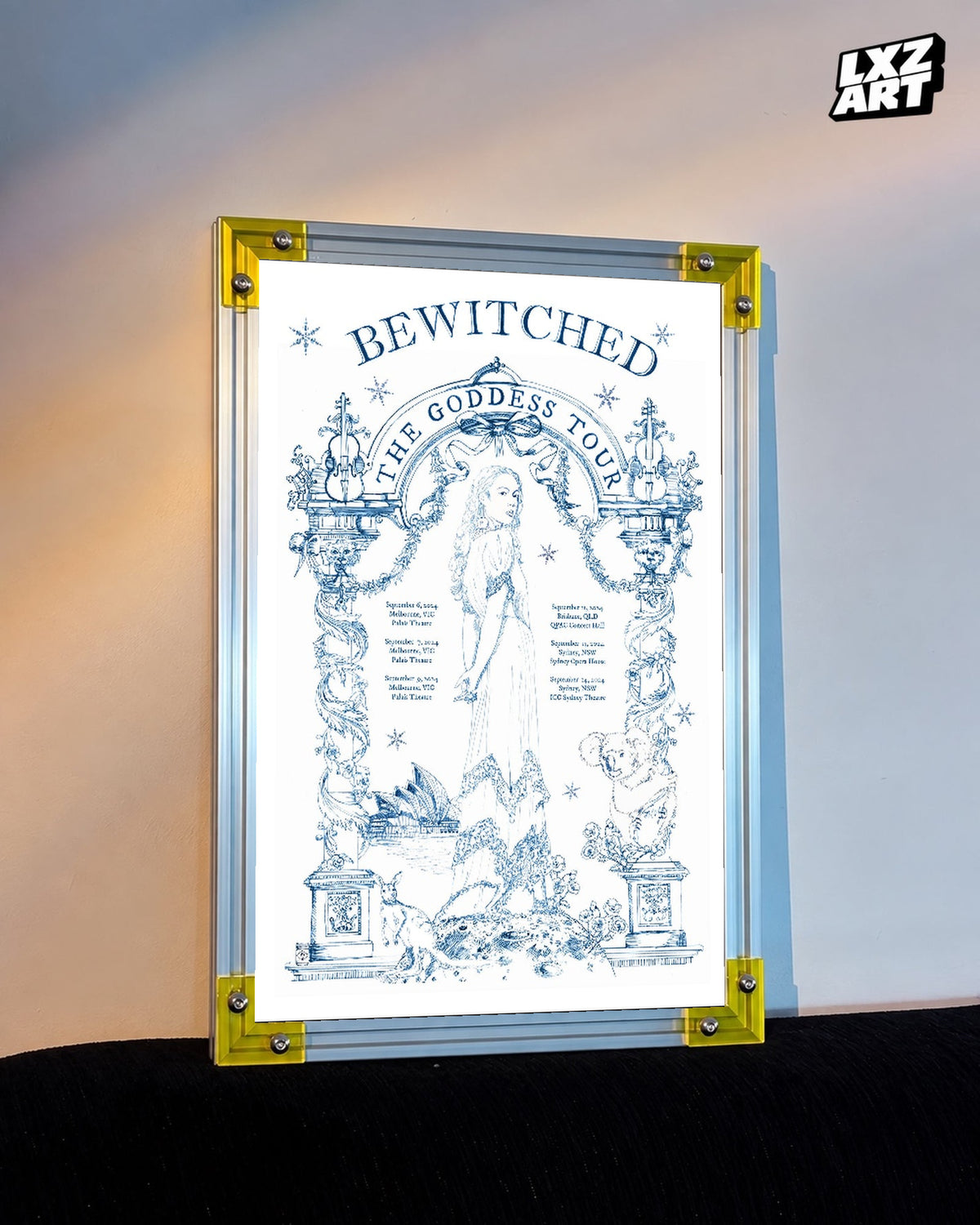 Laufey Bewitched The Goddess Tour Australia Illustration Poster displayed on a warm wall in a yellow corner frame; unframed print, frame not included