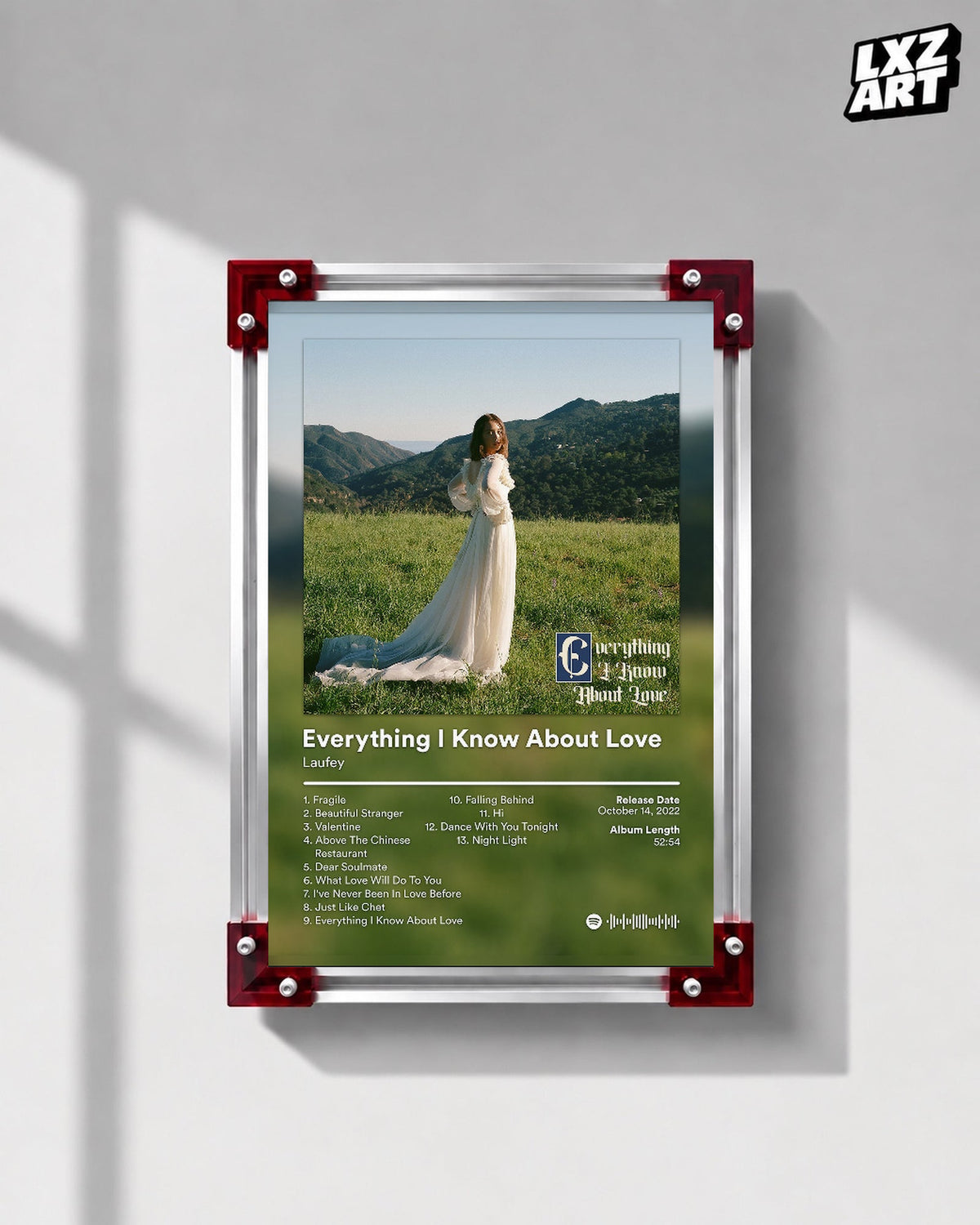 Laufey Everything I Know About Love Meadow Tracklist Poster displayed on a gray wall in a red corner frame; unframed print, frame not included