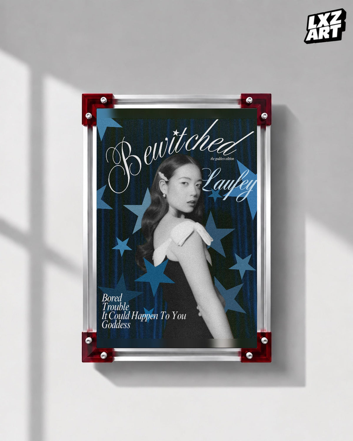 Laufey Bewitched Goddess Edition Blue Stars Portrait Poster displayed on a gray wall in a red corner frame; unframed print, frame not included