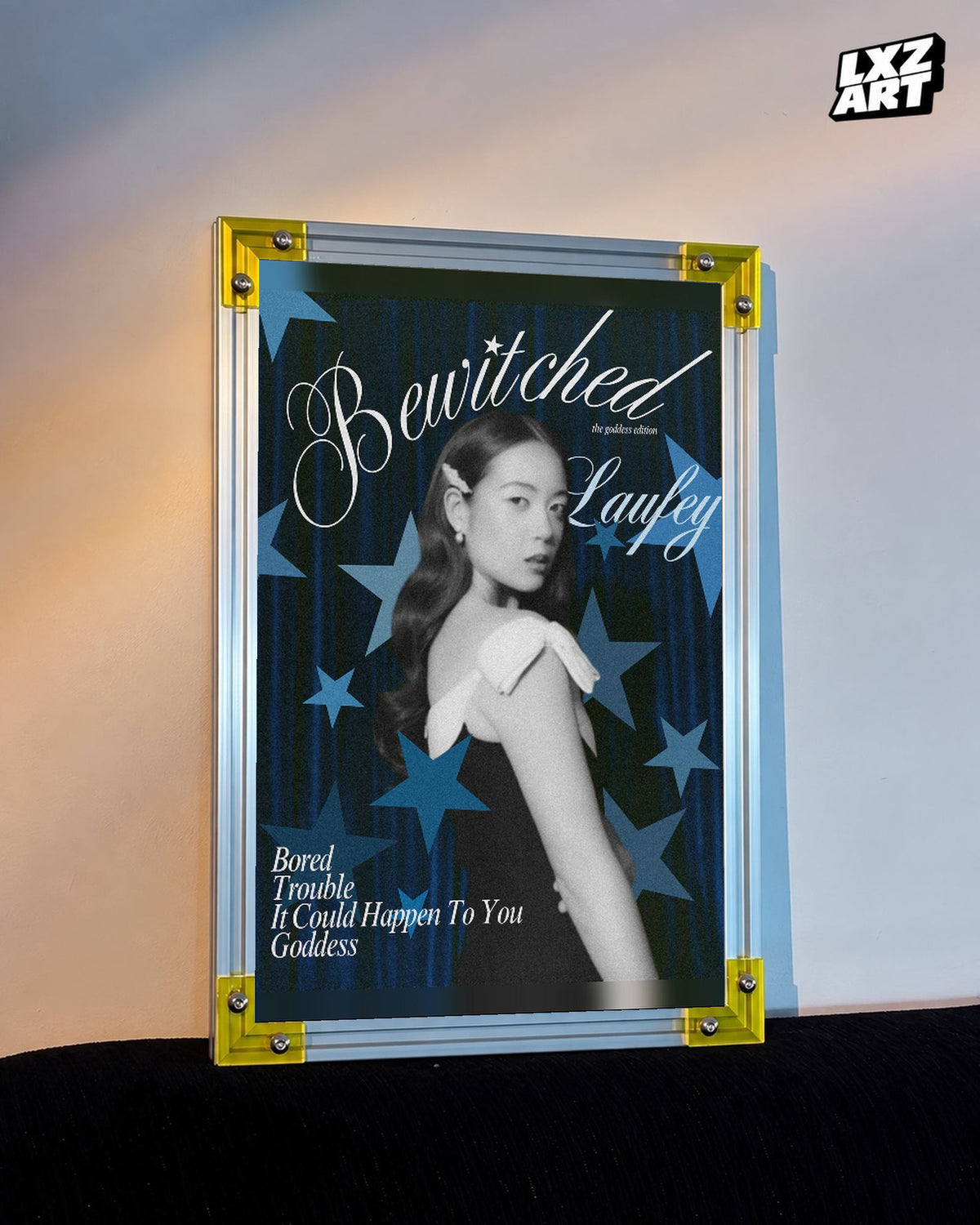 Laufey Bewitched Goddess Edition Blue Stars Portrait Poster displayed on a warm wall in a yellow corner frame; unframed print, frame not included